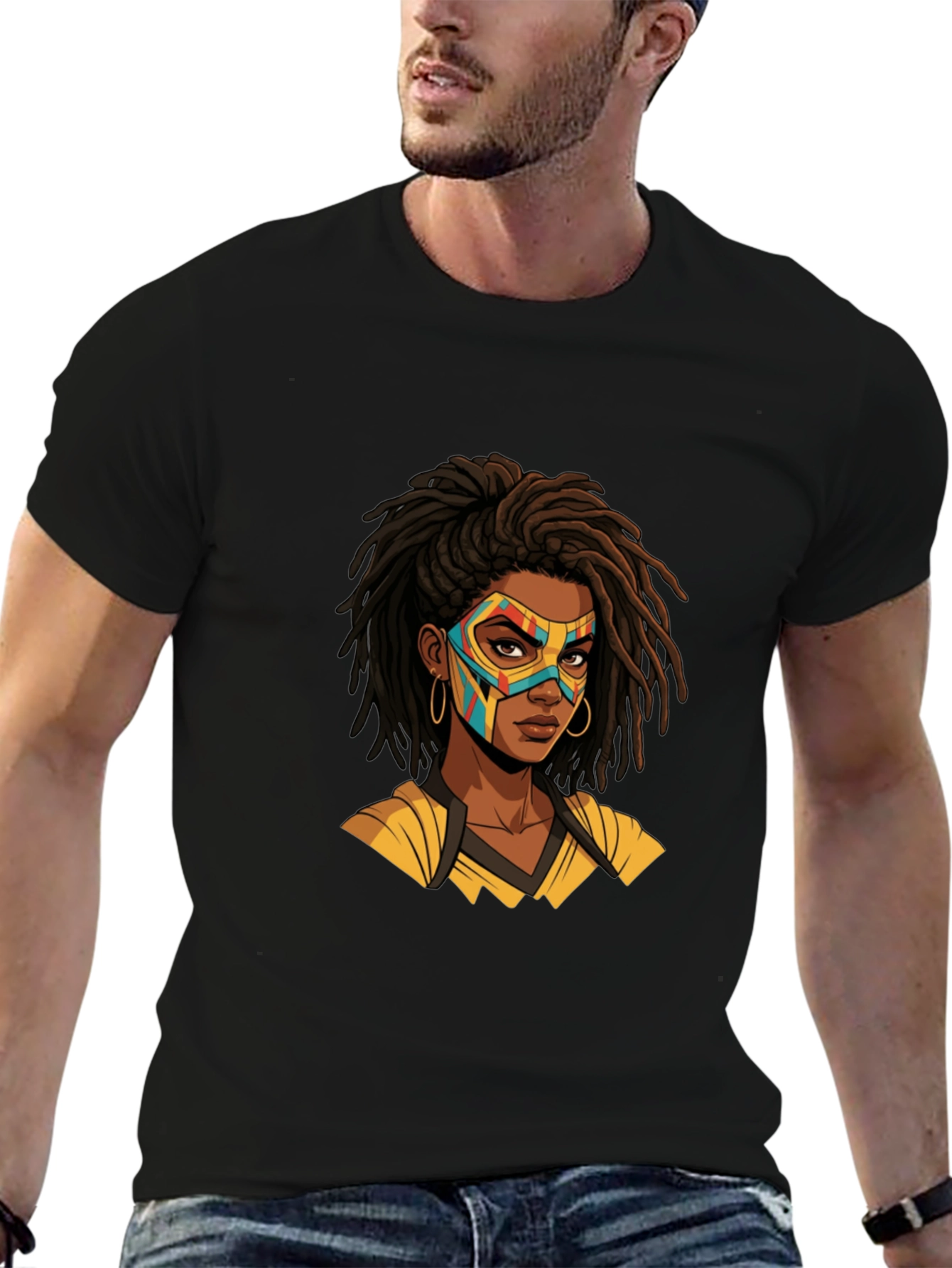 Black T-Shirt with Superhero Mask Woman Graphic