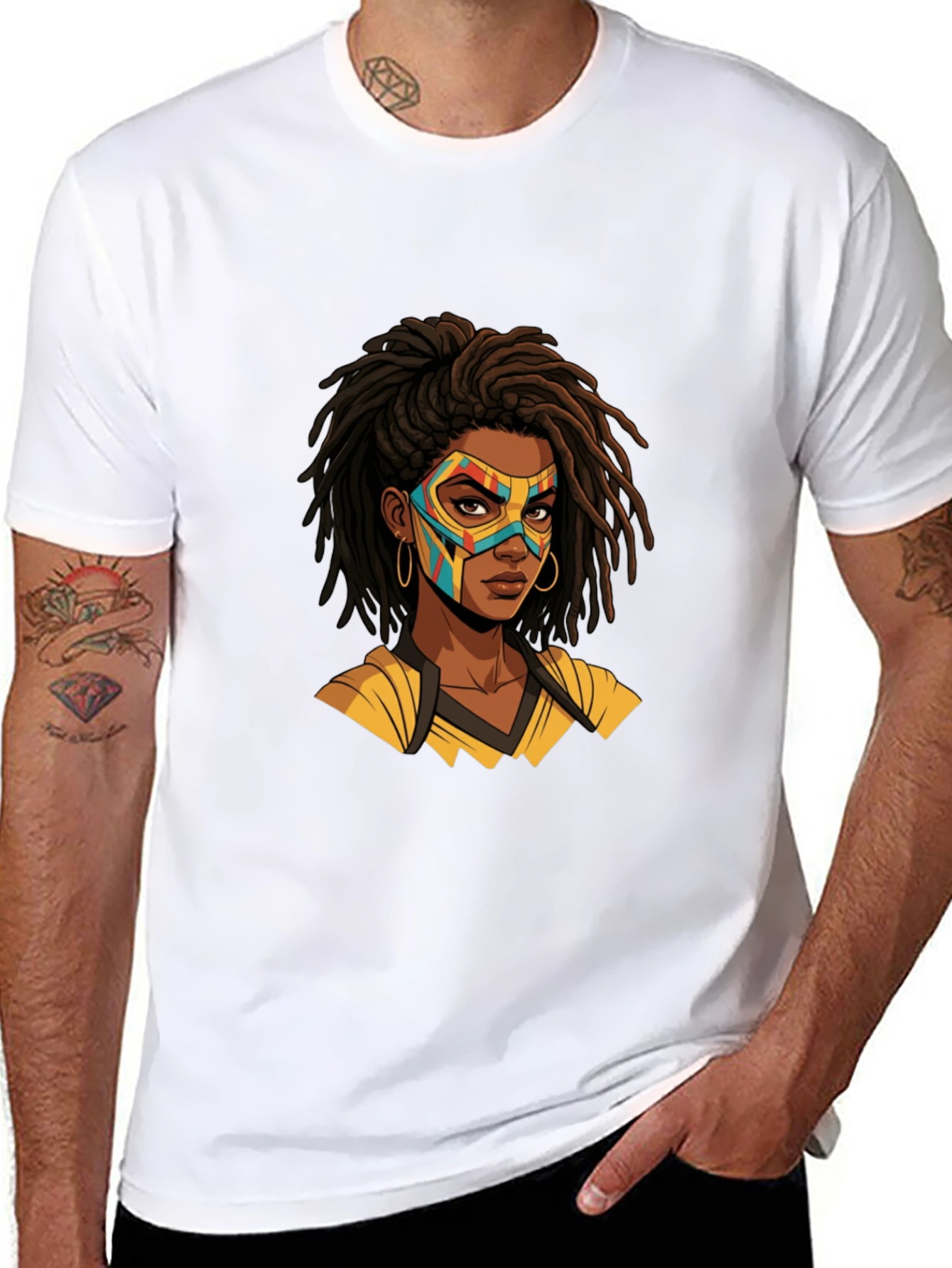 Black T-Shirt with Superhero Mask Woman Graphic