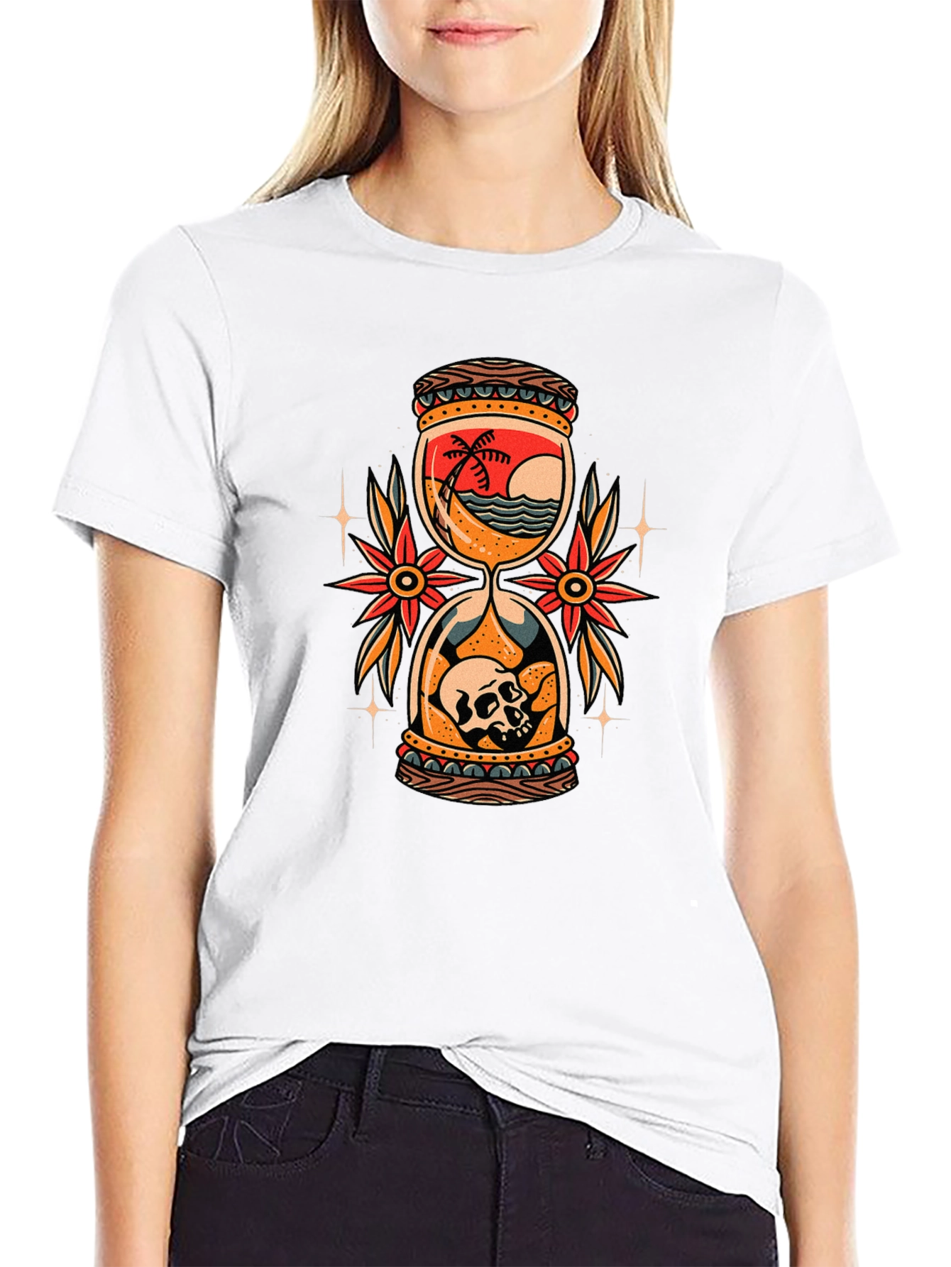Skull Beach Hourglass Graphic Black T-Shirt