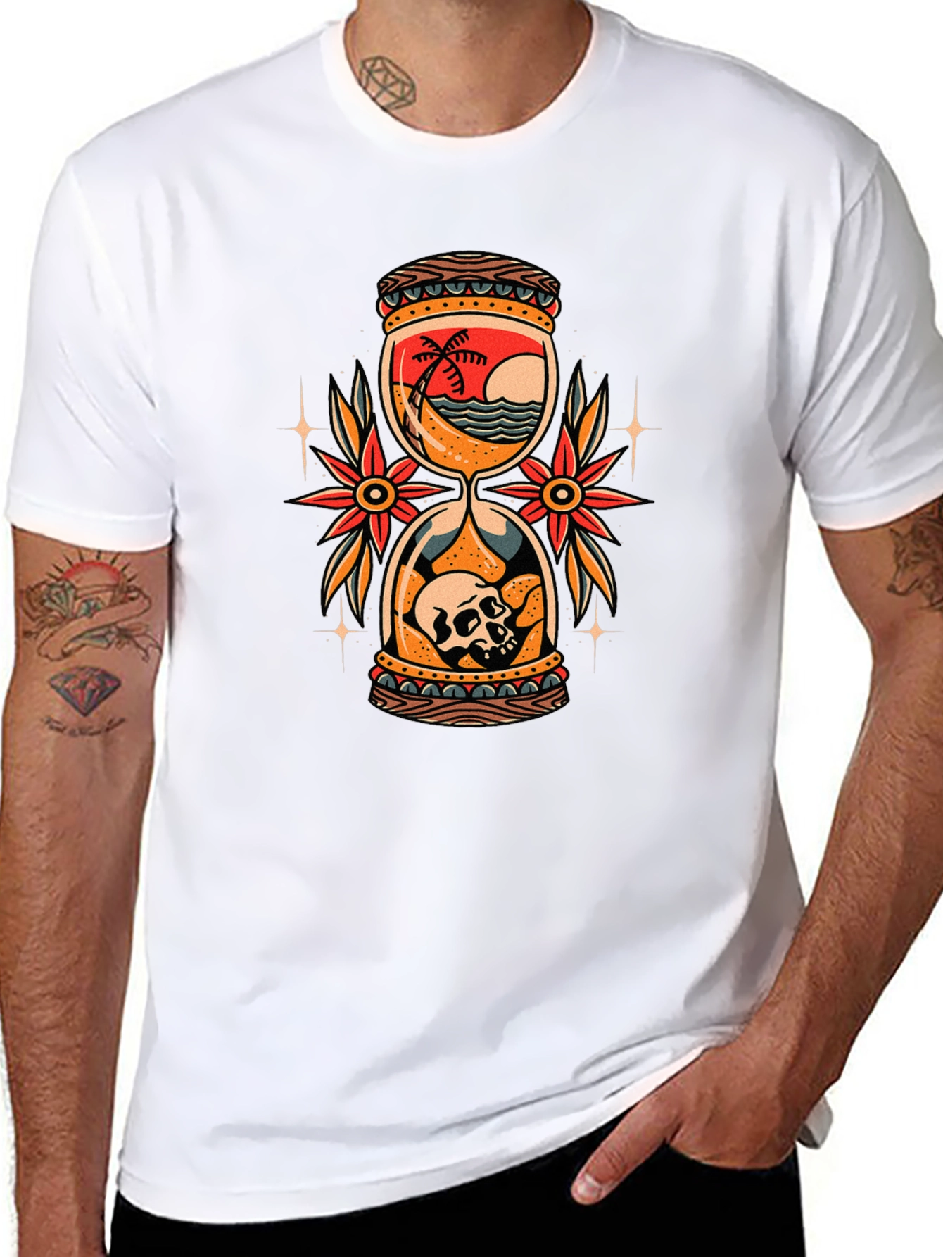 Skull Beach Hourglass Graphic Black T-Shirt