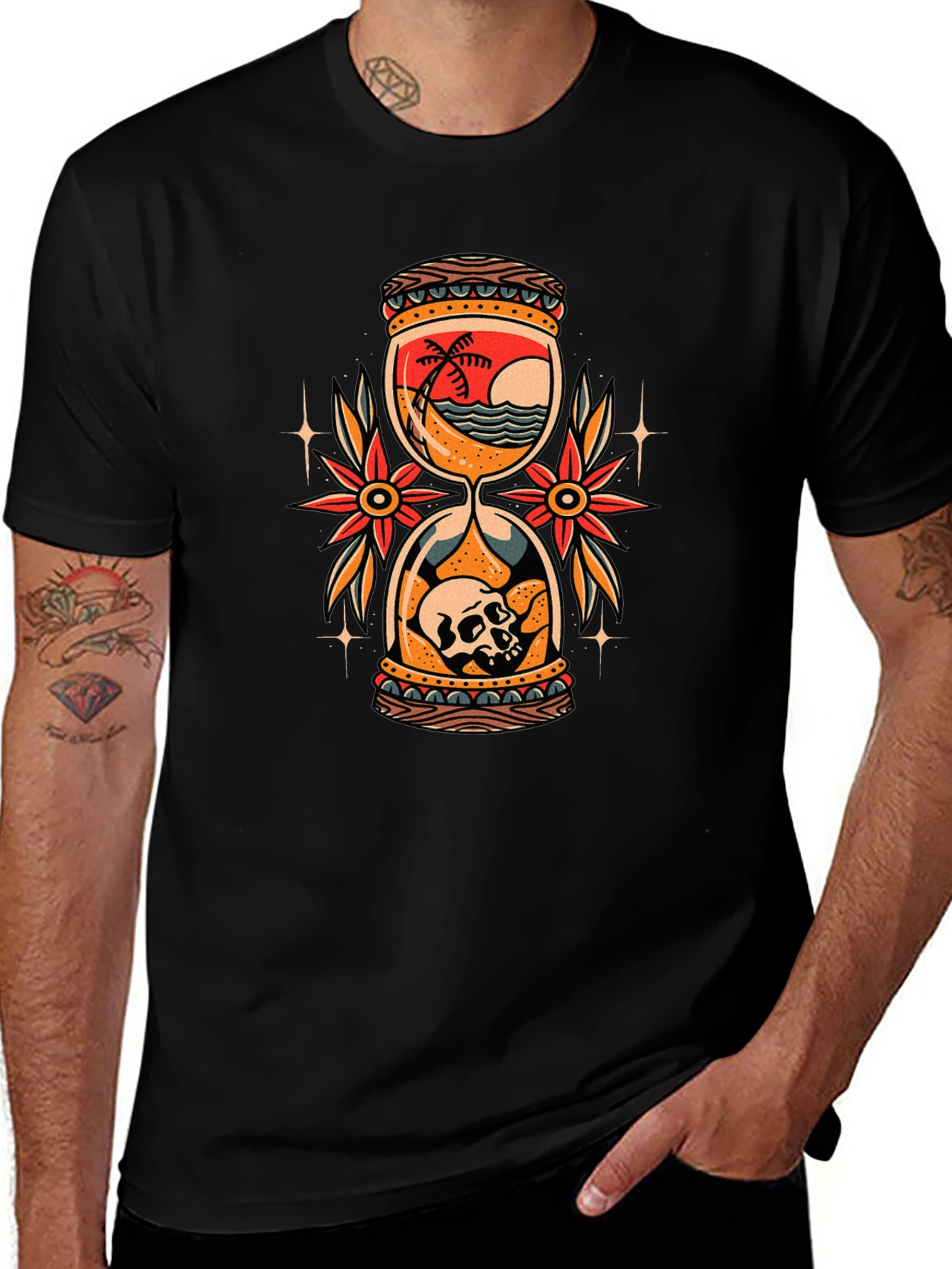 Skull Beach Hourglass Graphic Black T-Shirt