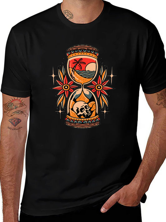 Skull Beach Hourglass Graphic Black T-Shirt