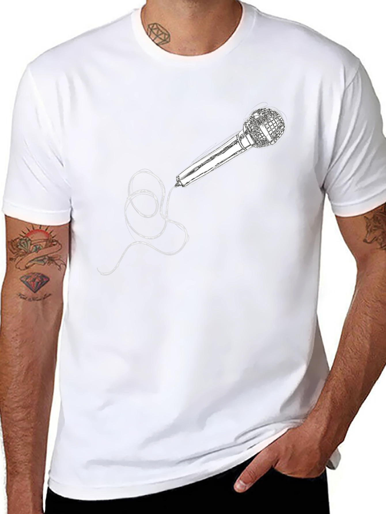 Microphone Graphic Tee - Black Crew Neck Cotton T-Shirt