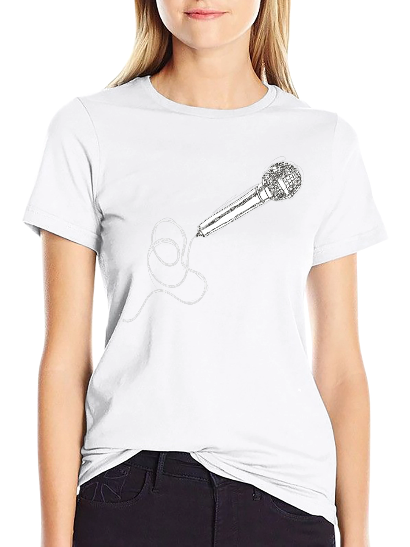 Microphone Graphic Tee - Black Crew Neck Cotton T-Shirt