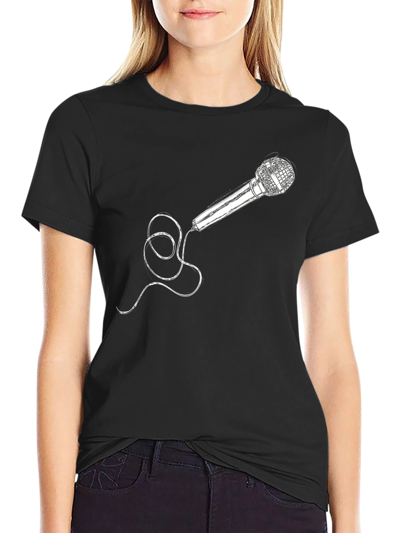 Microphone Graphic Tee - Black Crew Neck Cotton T-Shirt