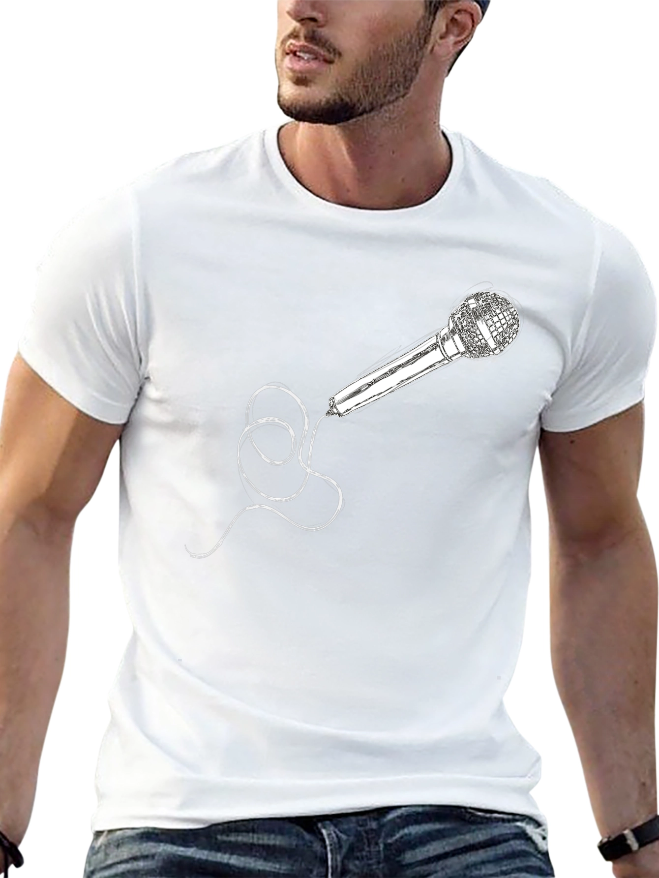 Microphone Graphic Tee - Black Crew Neck Cotton T-Shirt