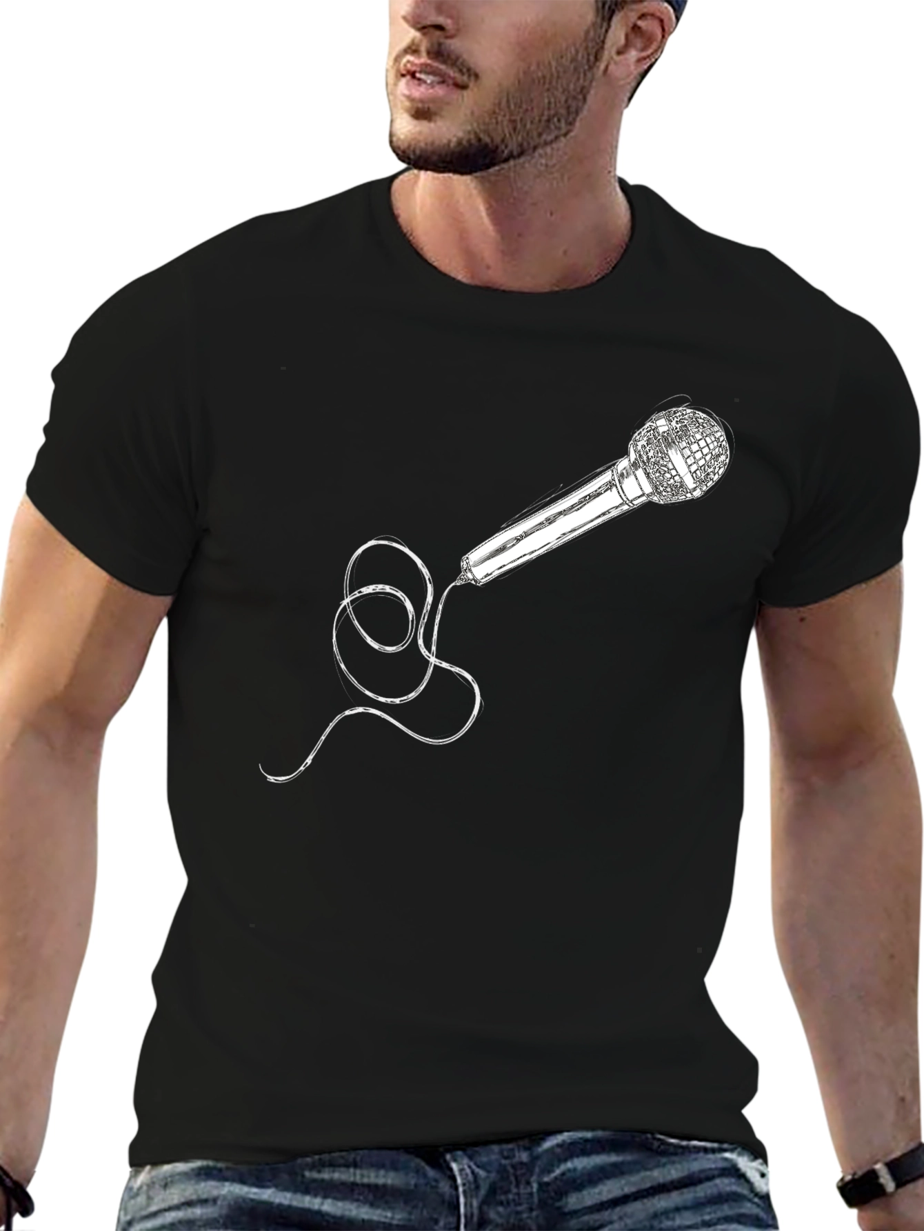 Microphone Graphic Tee - Black Crew Neck Cotton T-Shirt