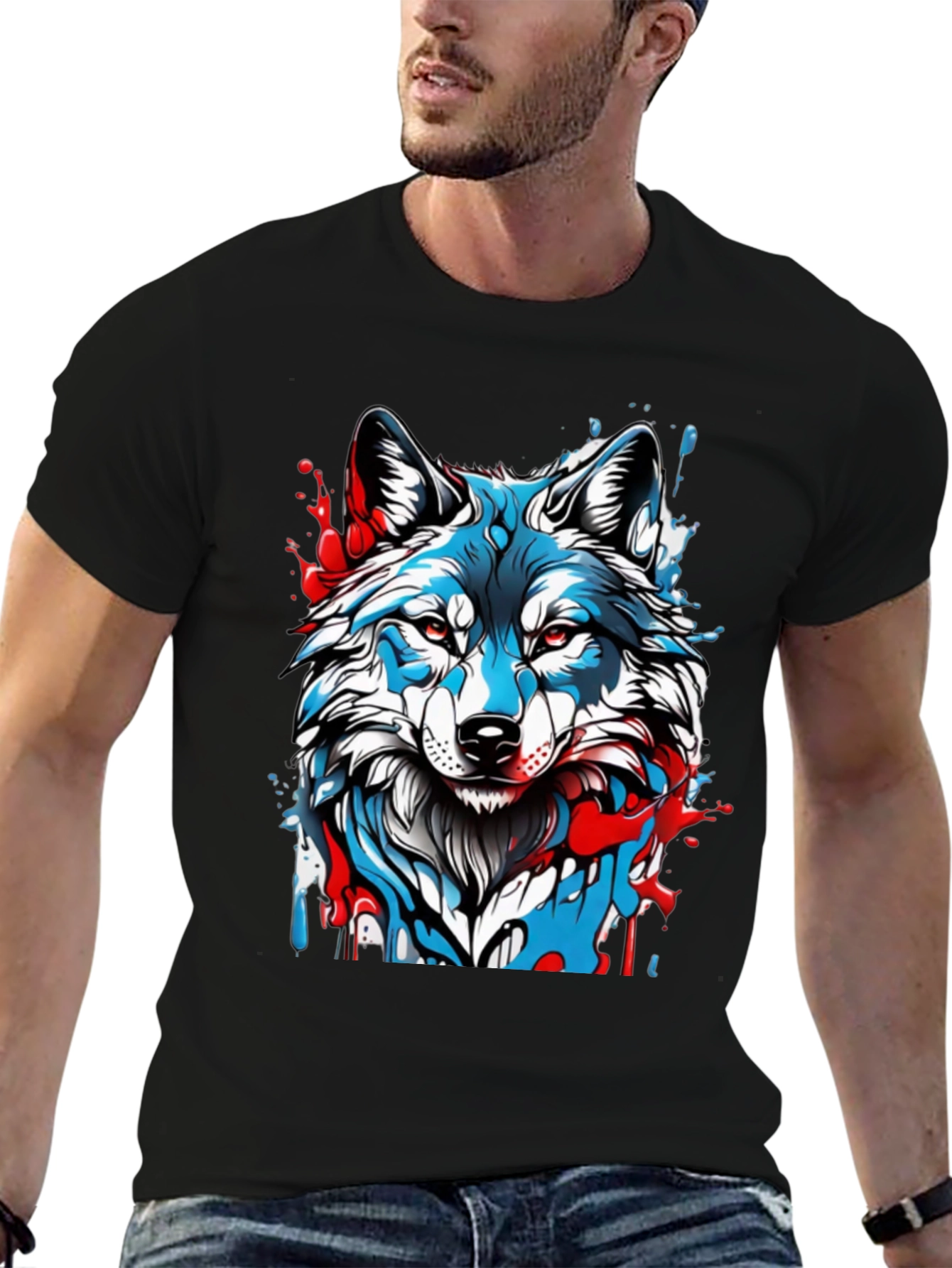 Wolf Graphic Print Mens Black T-Shirt