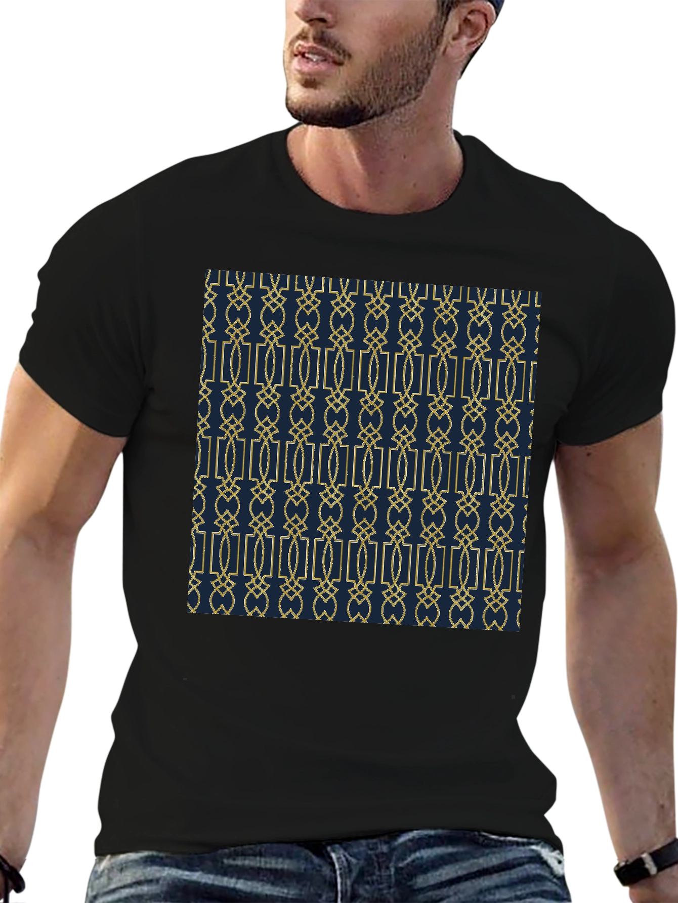 Geometric Pattern Print Black Tee