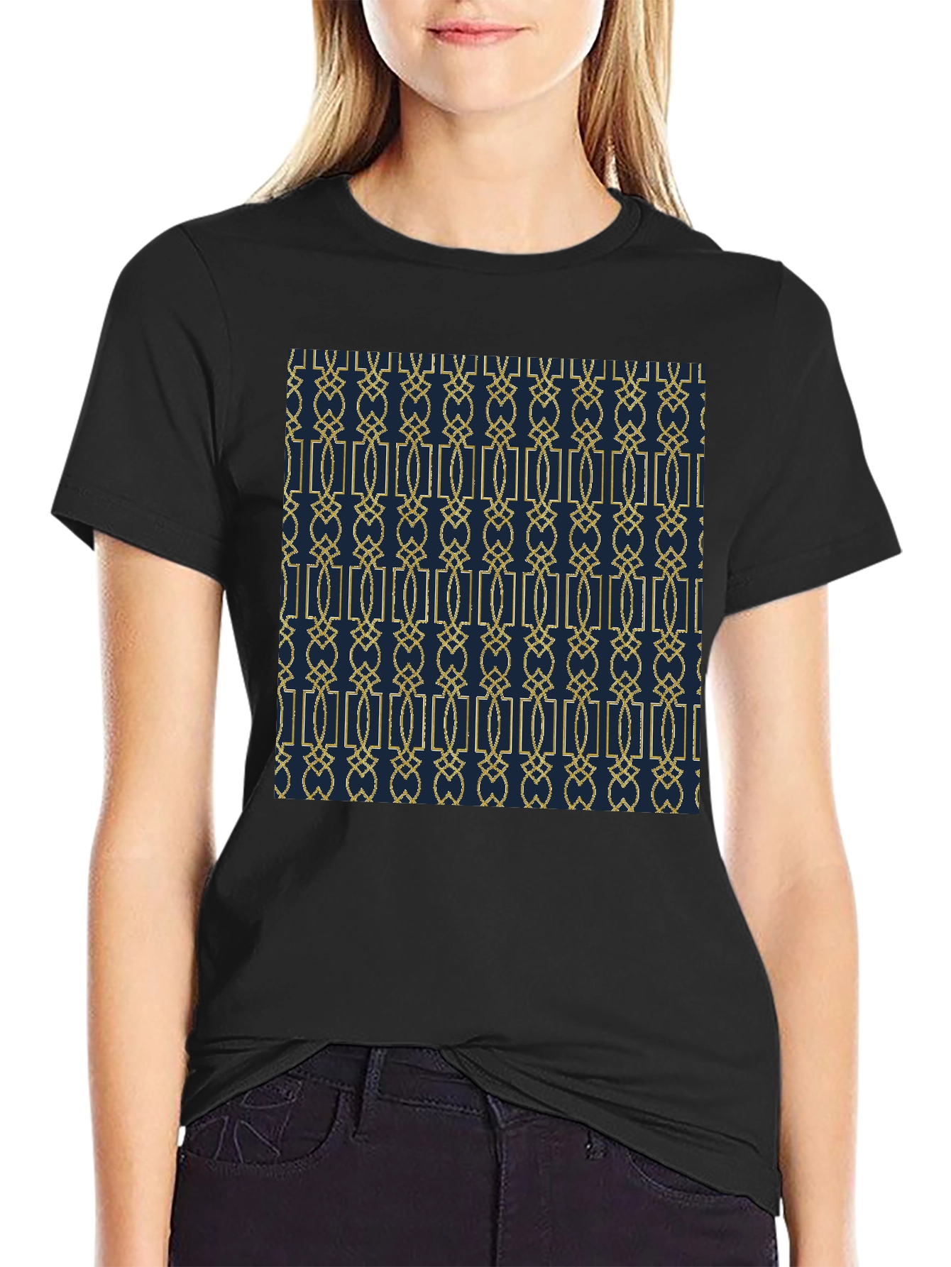 Geometric Pattern Print Black Tee