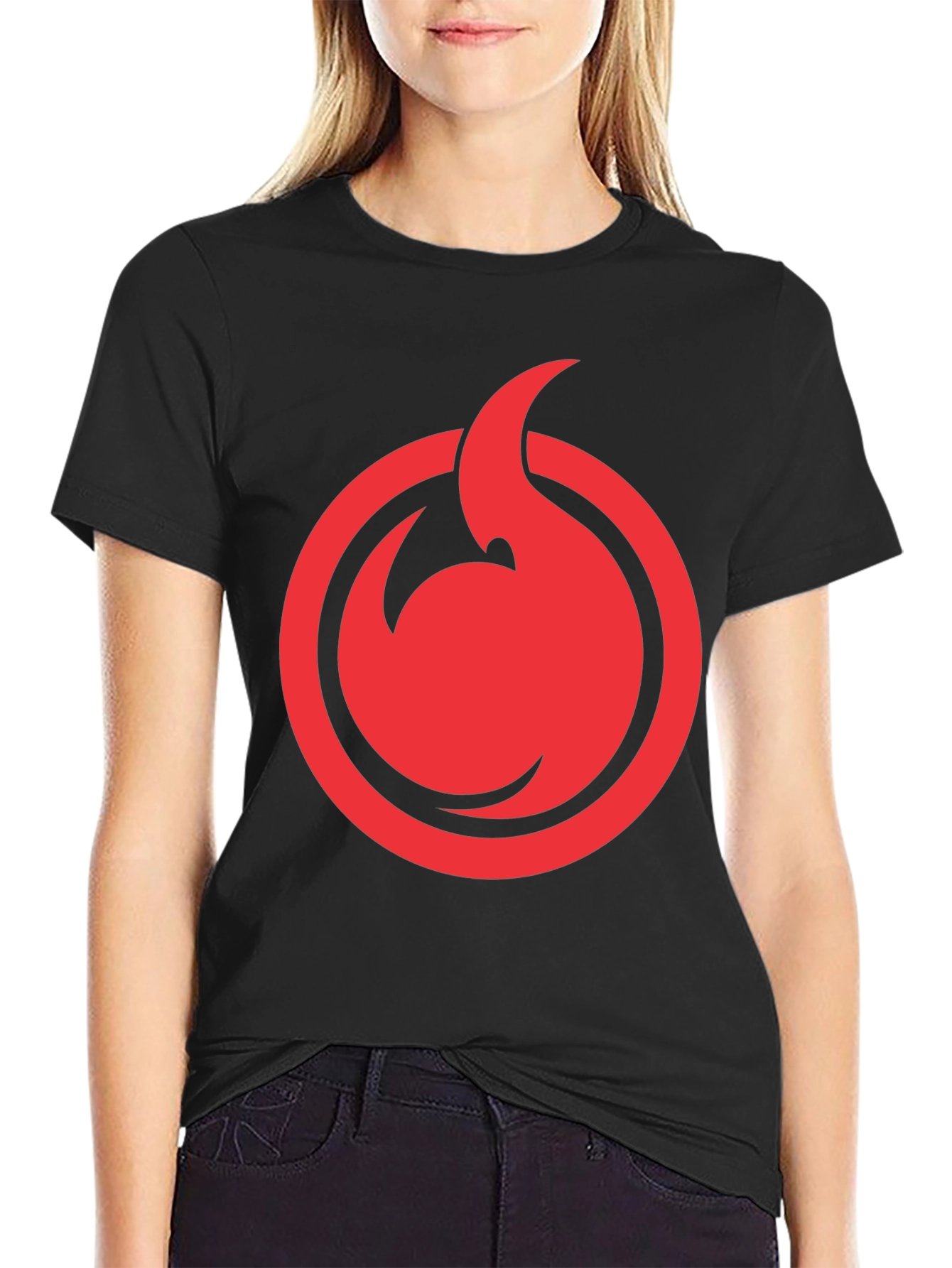 Red Flame Circle Graphic Black T-Shirt