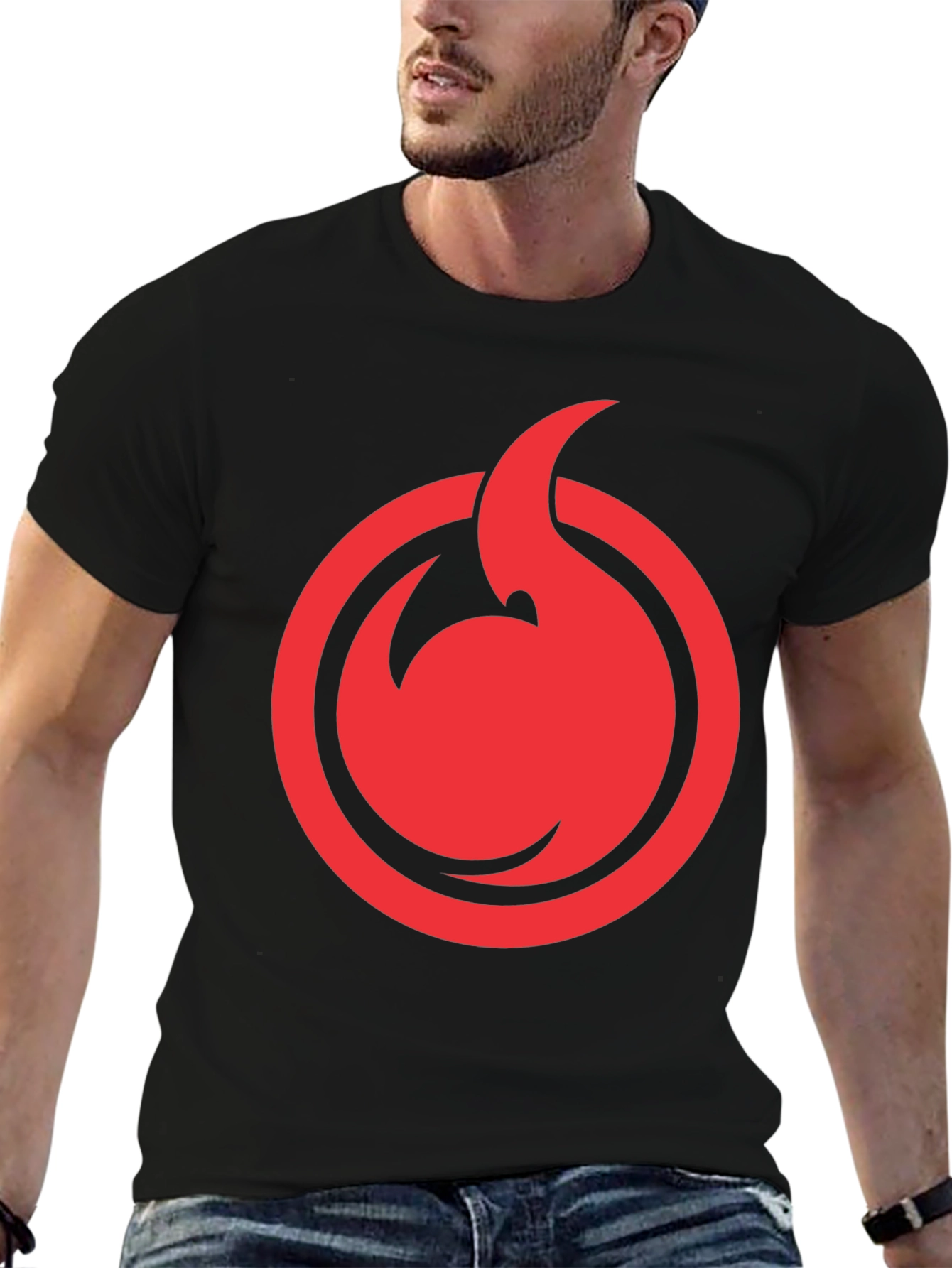 Red Flame Circle Graphic Black T-Shirt