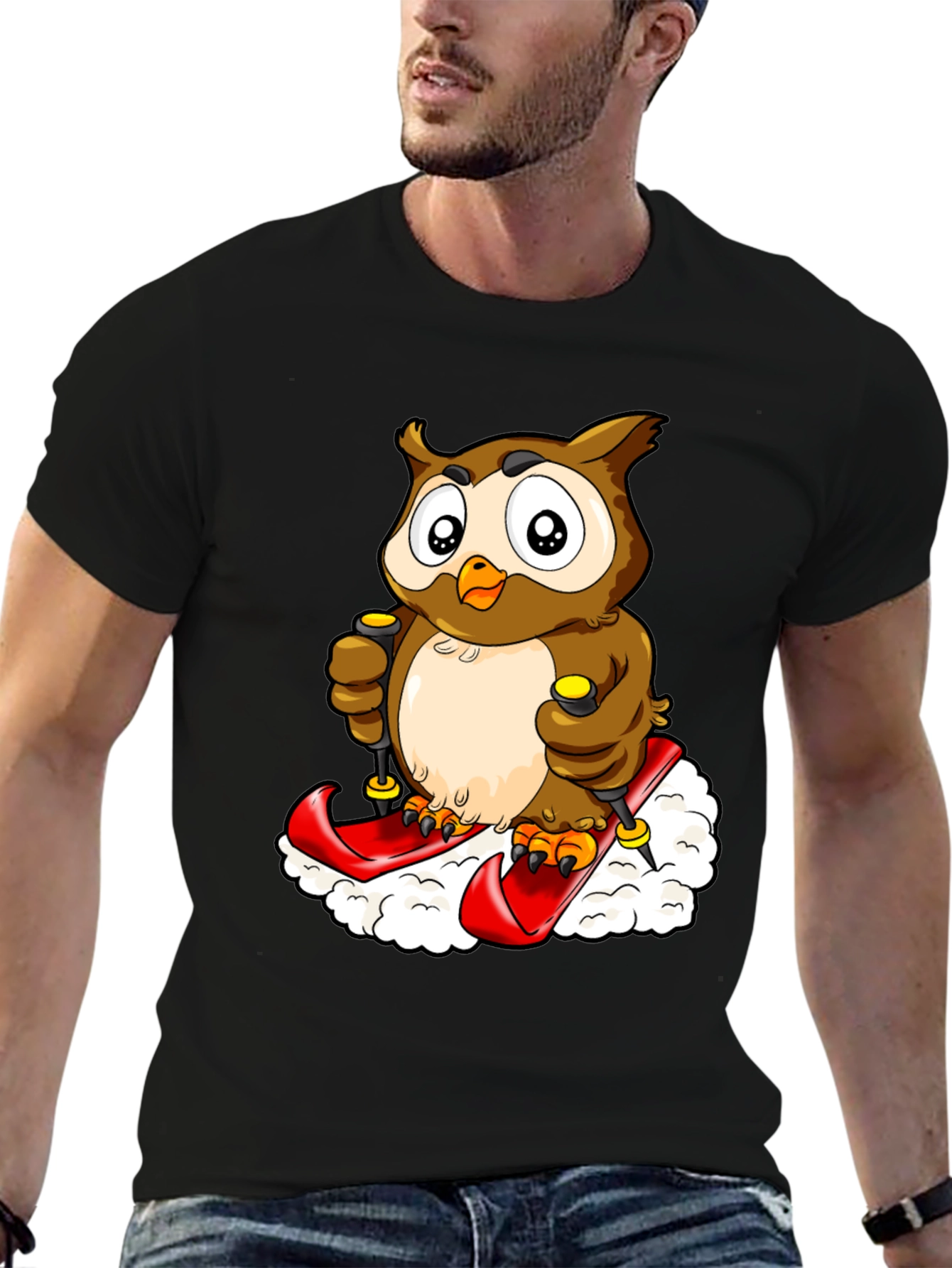 Owl Skiing Graphic Tee - Black