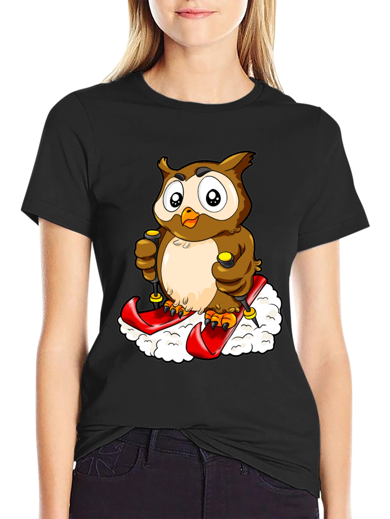 Owl Skiing Graphic Tee - Black