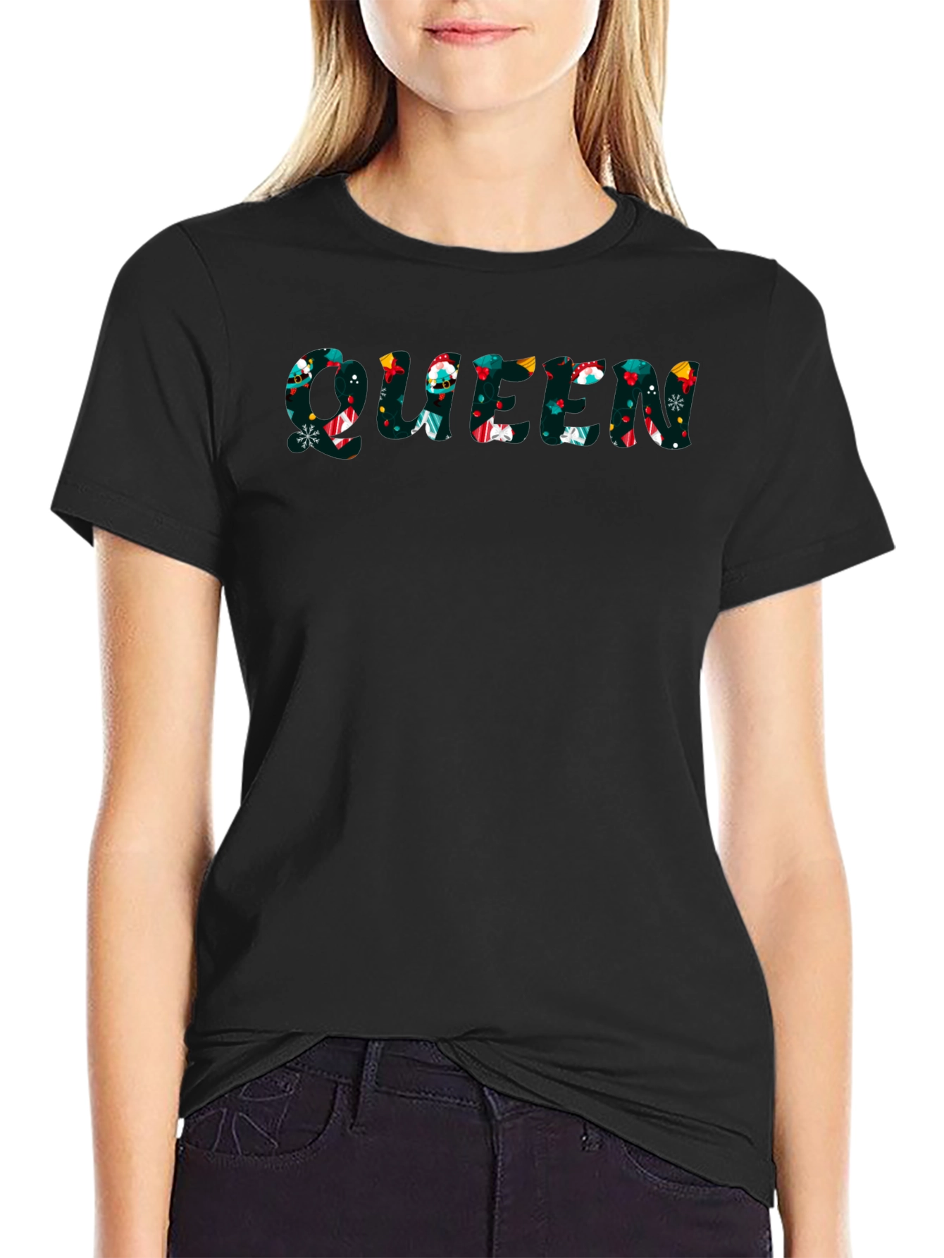 Queen Christmas Pattern Black T-Shirt