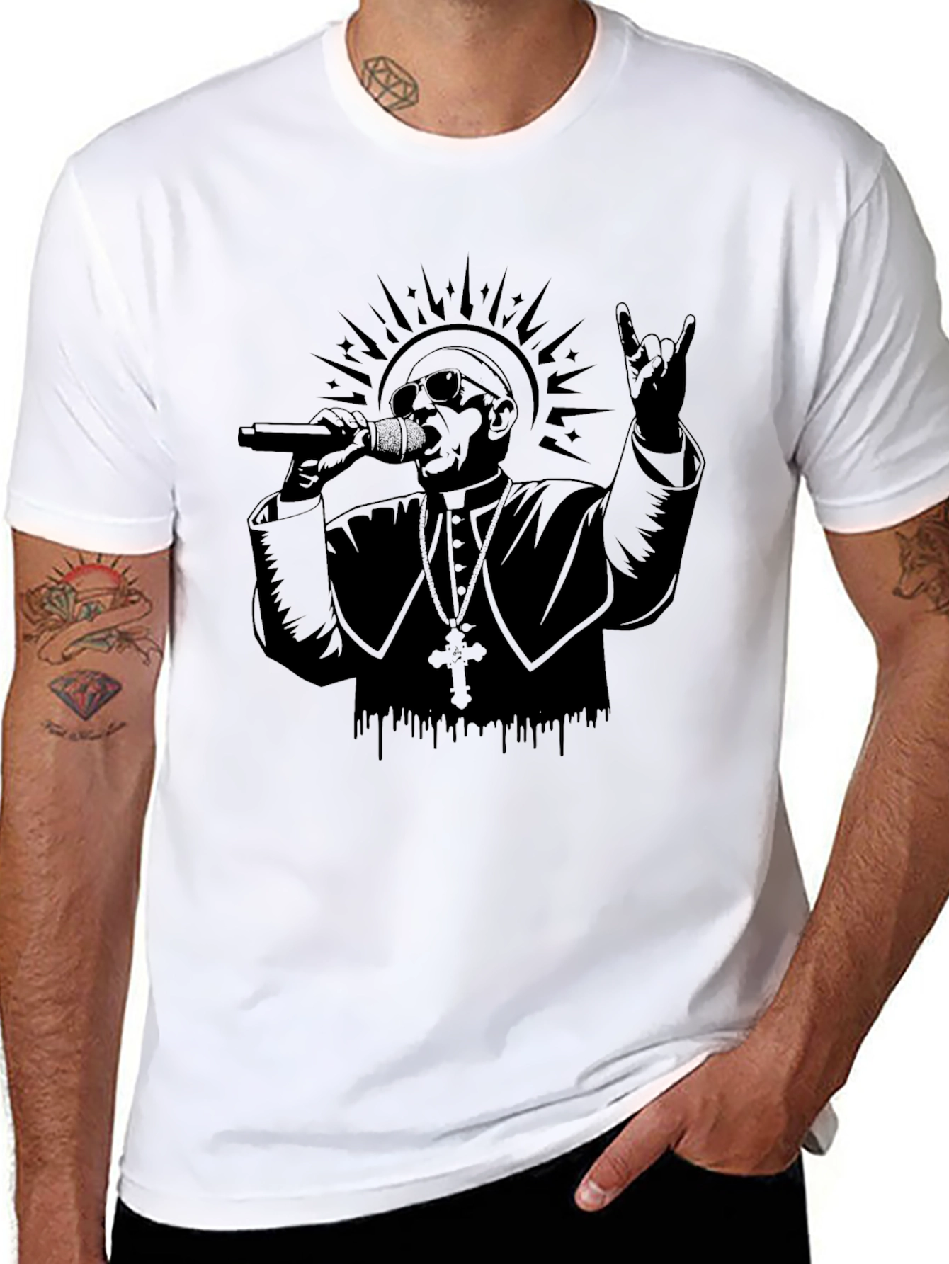 Rocker Pope Graphic Tee - Black Cotton T-Shirt