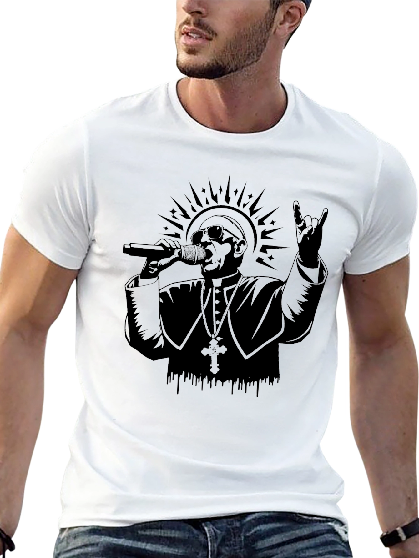 Rocker Pope Graphic Tee - Black Cotton T-Shirt