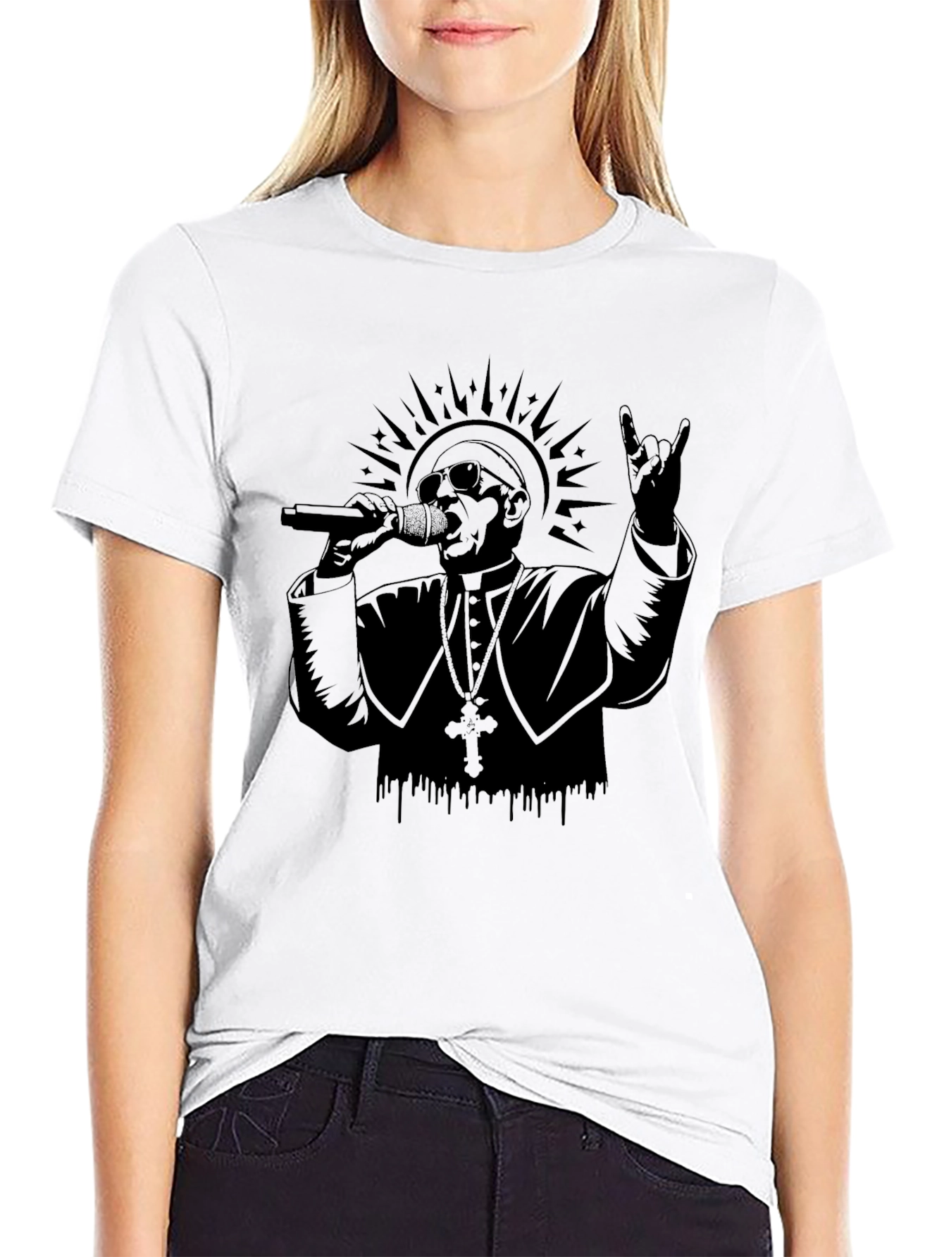 Rocker Pope Graphic Tee - Black Cotton T-Shirt
