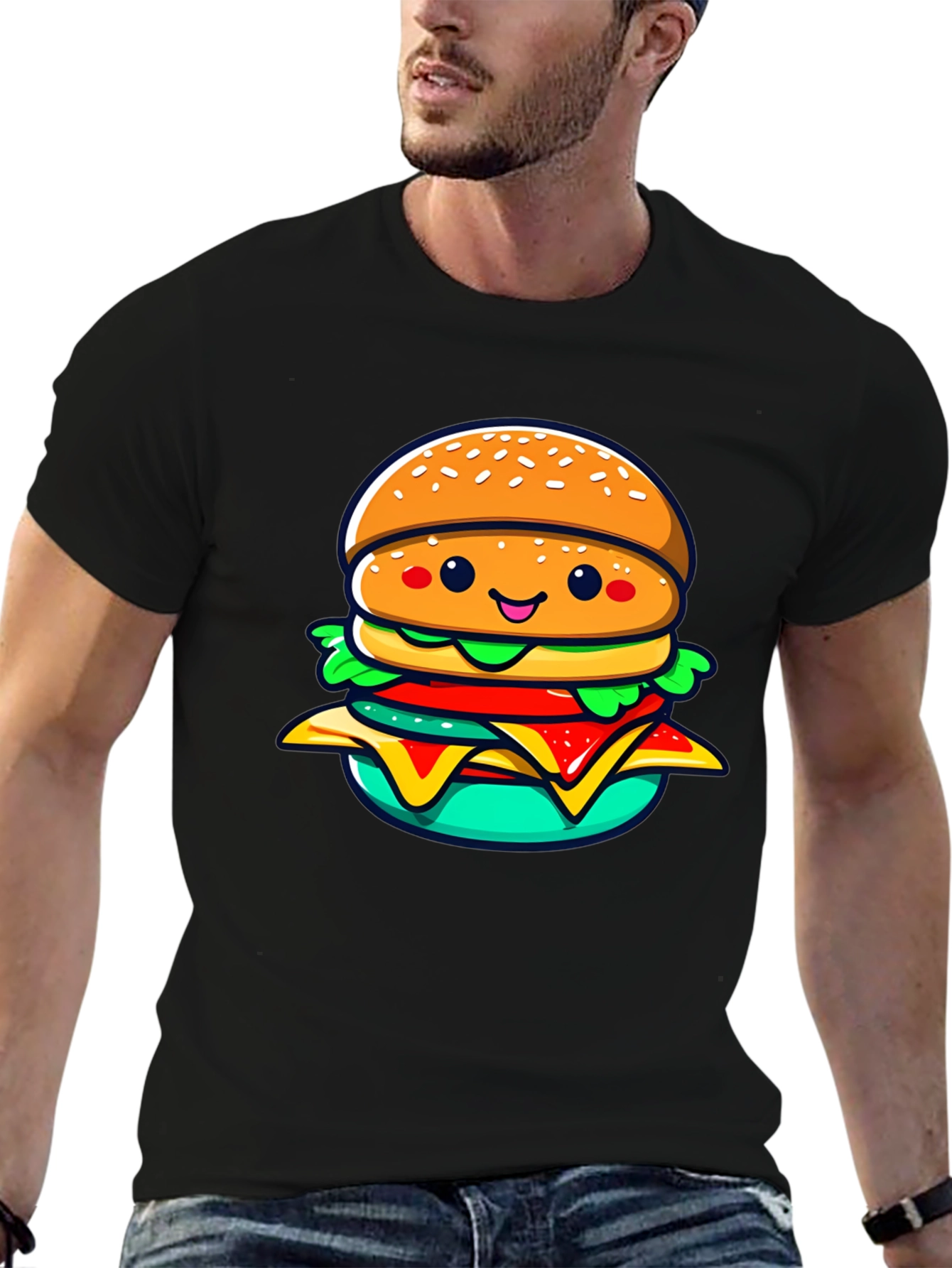Burger Cartoon Graphic Black T-Shirt