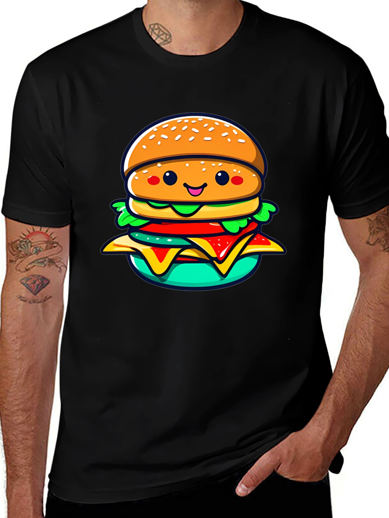 Burger Cartoon Graphic Black T-Shirt