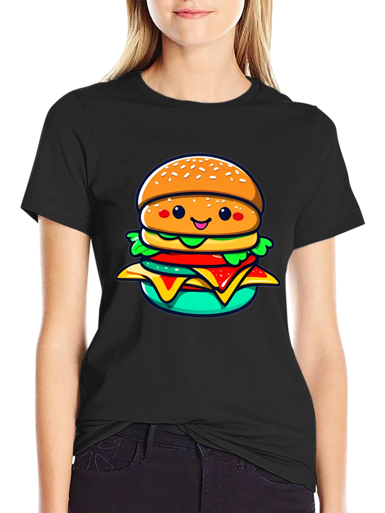 Burger Cartoon Graphic Black T-Shirt