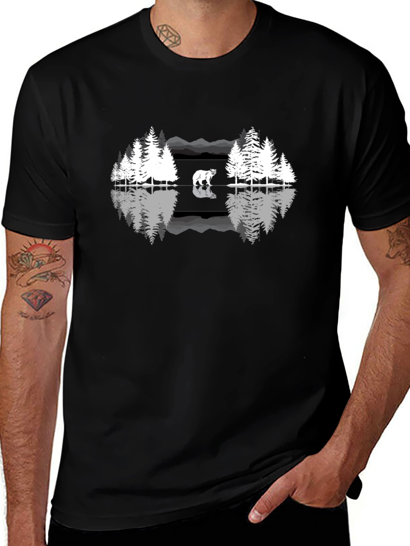 Nature Bear Reflection Graphic Tee - Black