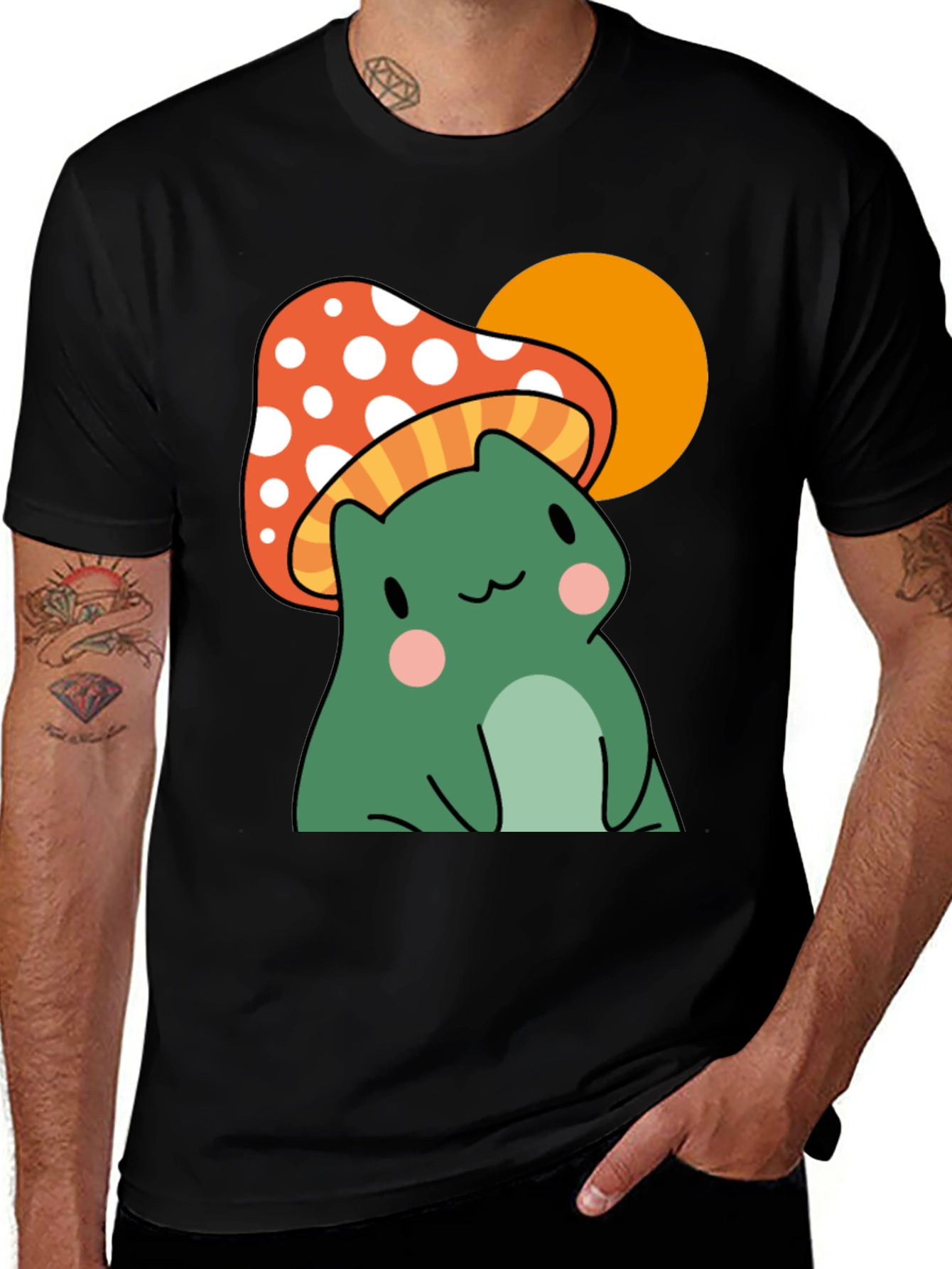 Frog Mushroom Graphic T-Shirt - Black Cotton Tee