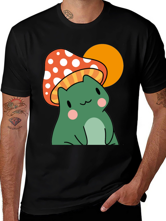 Frog Mushroom Graphic T-Shirt - Black Cotton Tee