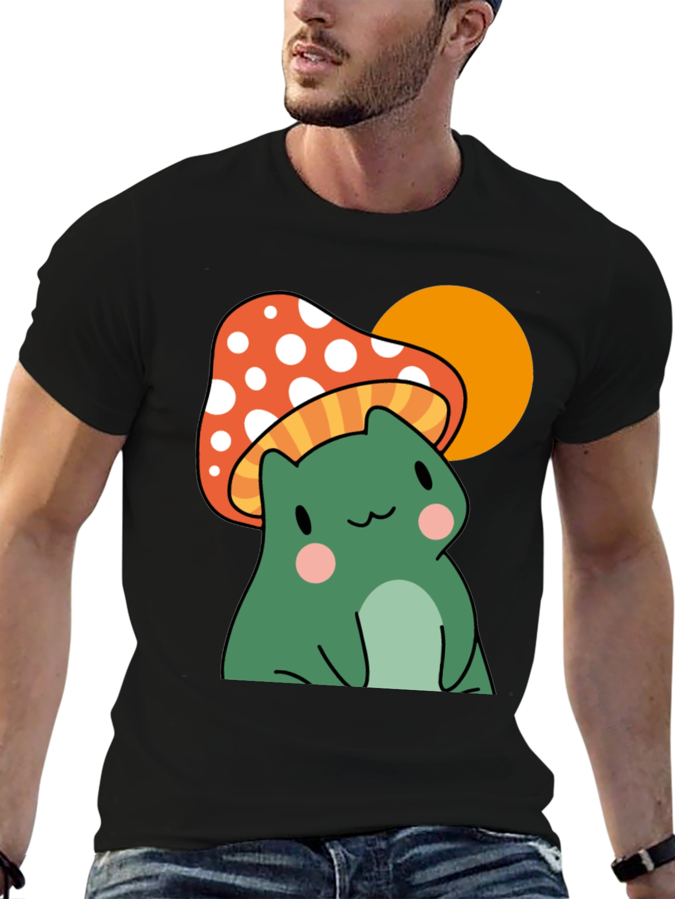 Frog Mushroom Graphic T-Shirt - Black Cotton Tee