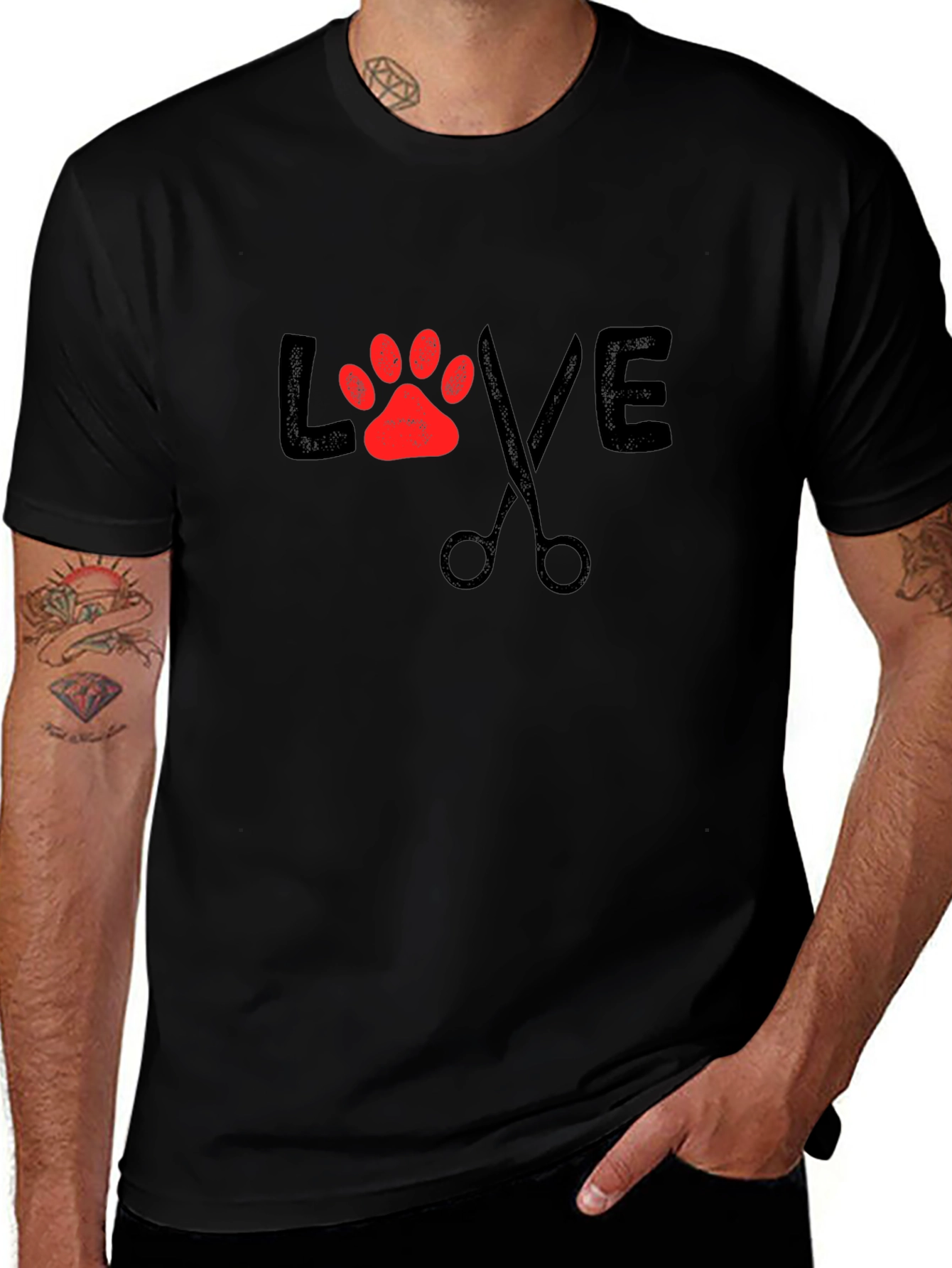 Love Grooming Black T-Shirt Paw Print Scissors