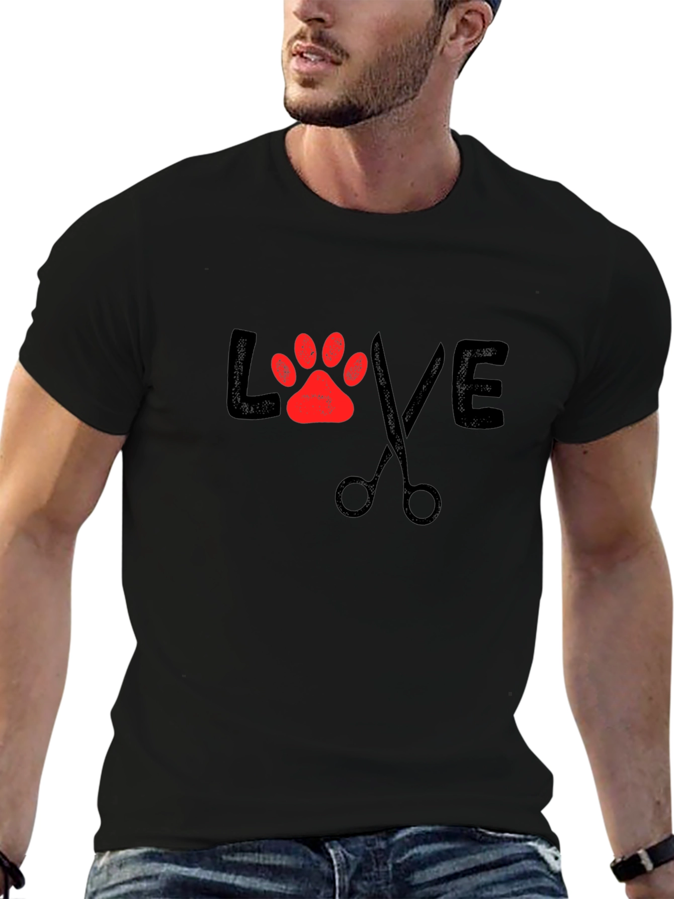Love Grooming Black T-Shirt Paw Print Scissors