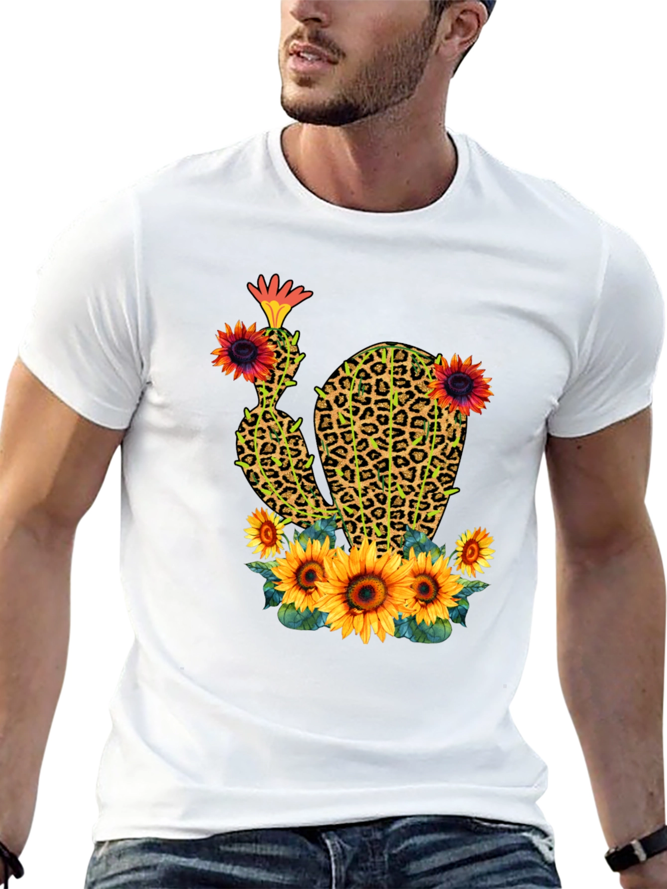 Leopard Print Cactus & Sunflower Graphic Tee
