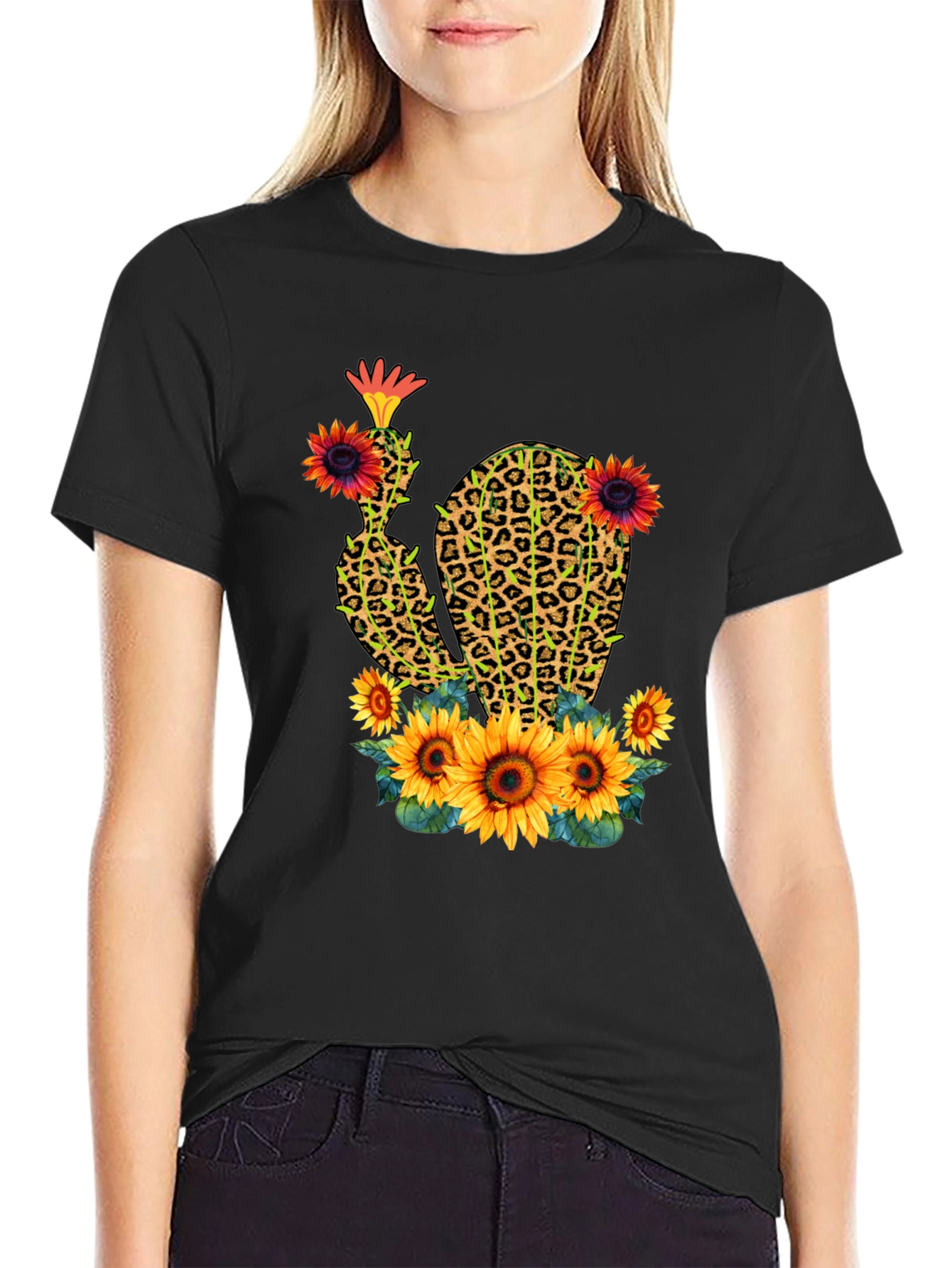 Leopard Print Cactus & Sunflower Graphic Tee