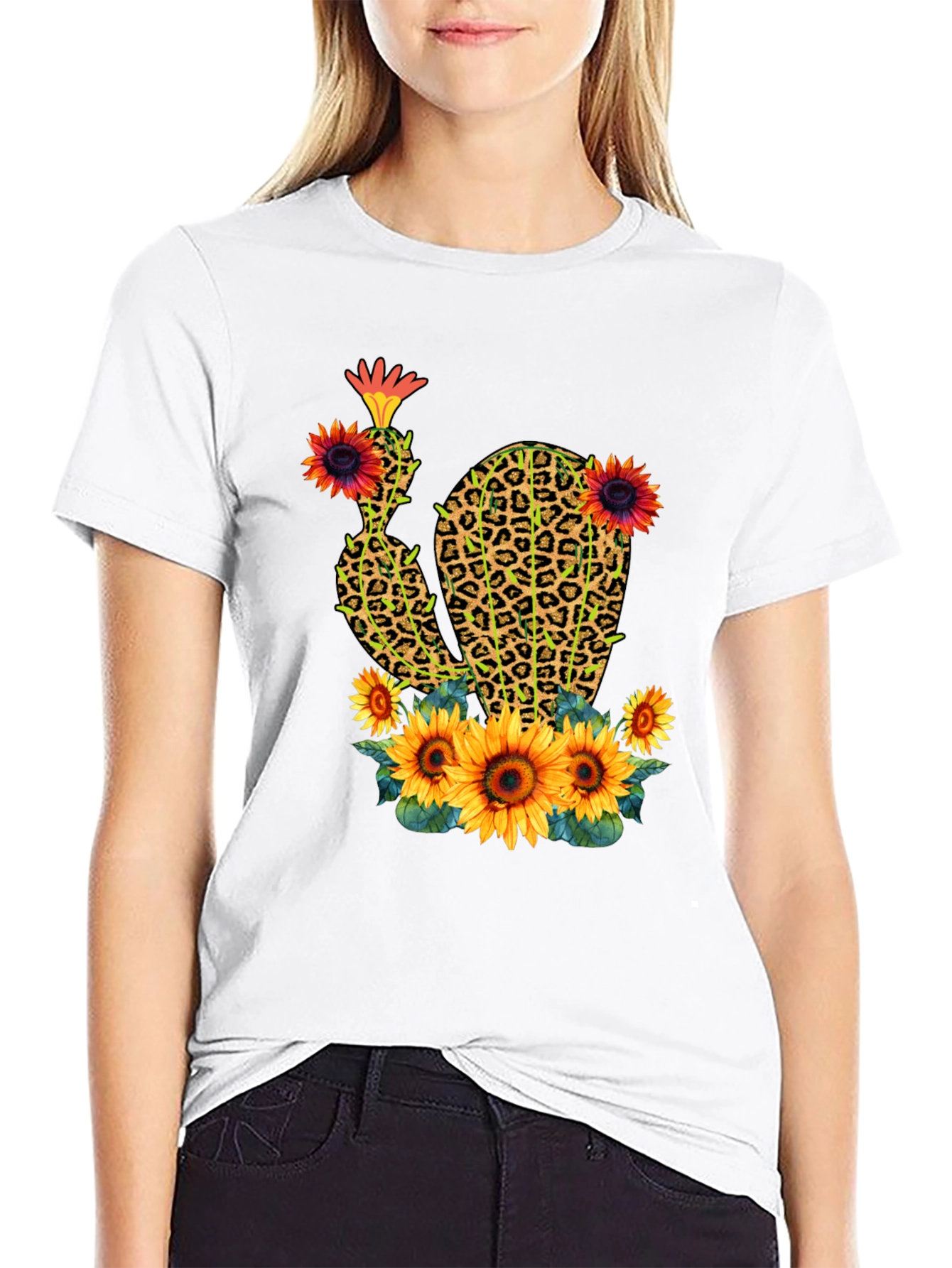 Leopard Print Cactus & Sunflower Graphic Tee