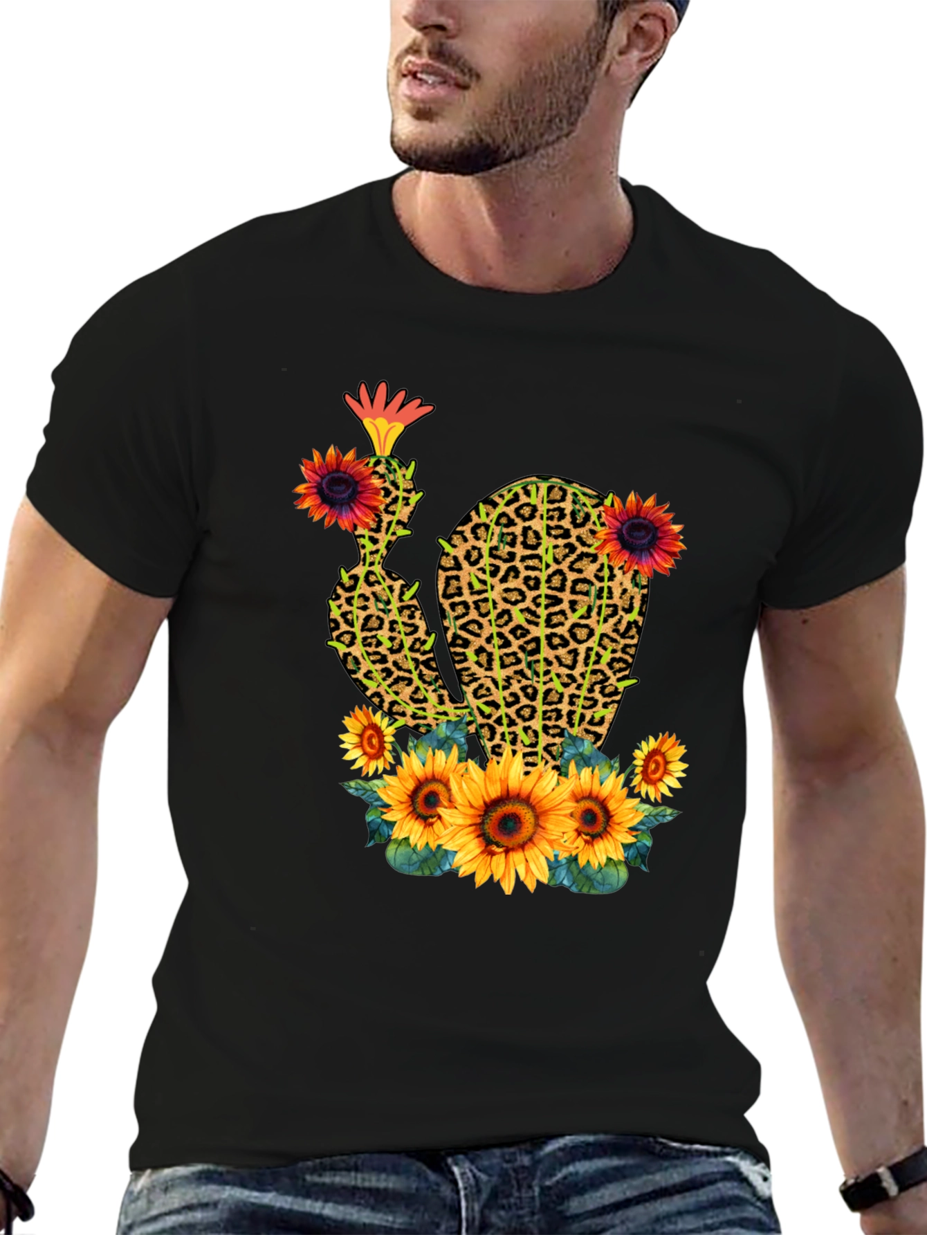 Leopard Print Cactus & Sunflower Graphic Tee