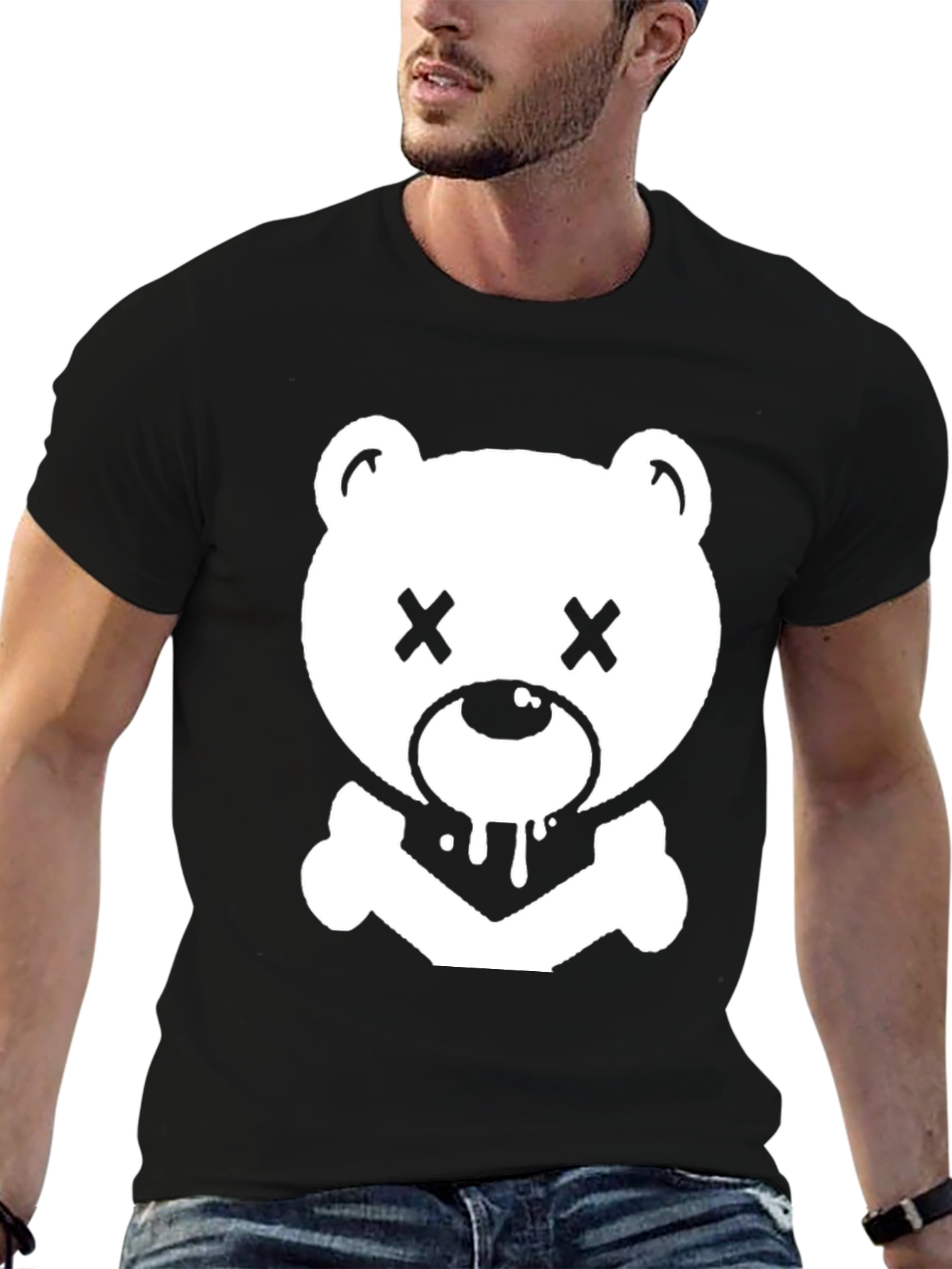 Edgy Bear Graphic Tee - Black Cotton T-Shirt