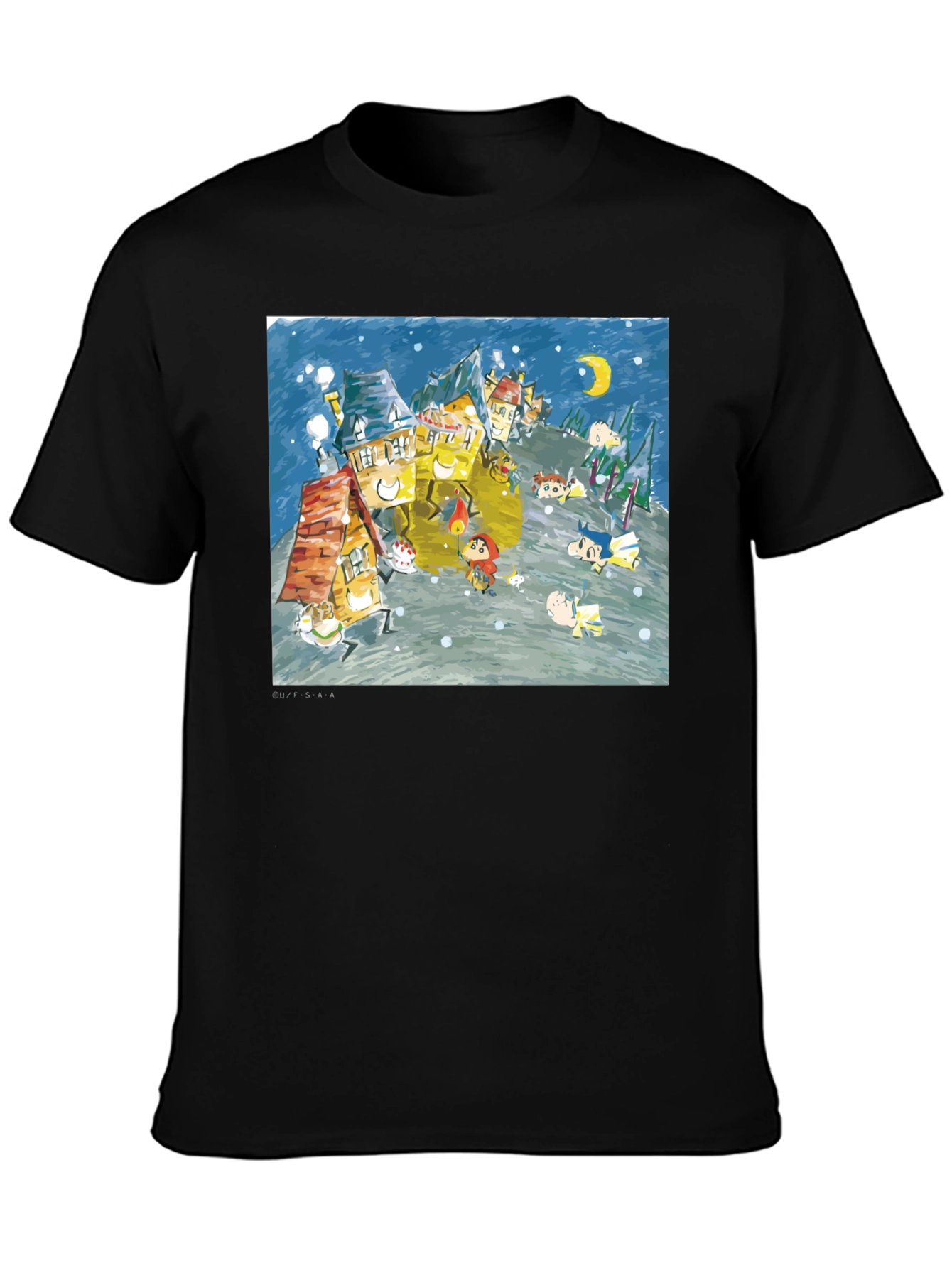 Whimsical Winter Village Graphic Tee - Black Cotton Blend
