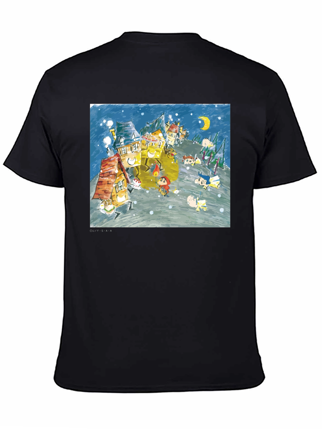 Whimsical Winter Village Graphic Tee - Black Cotton Blend