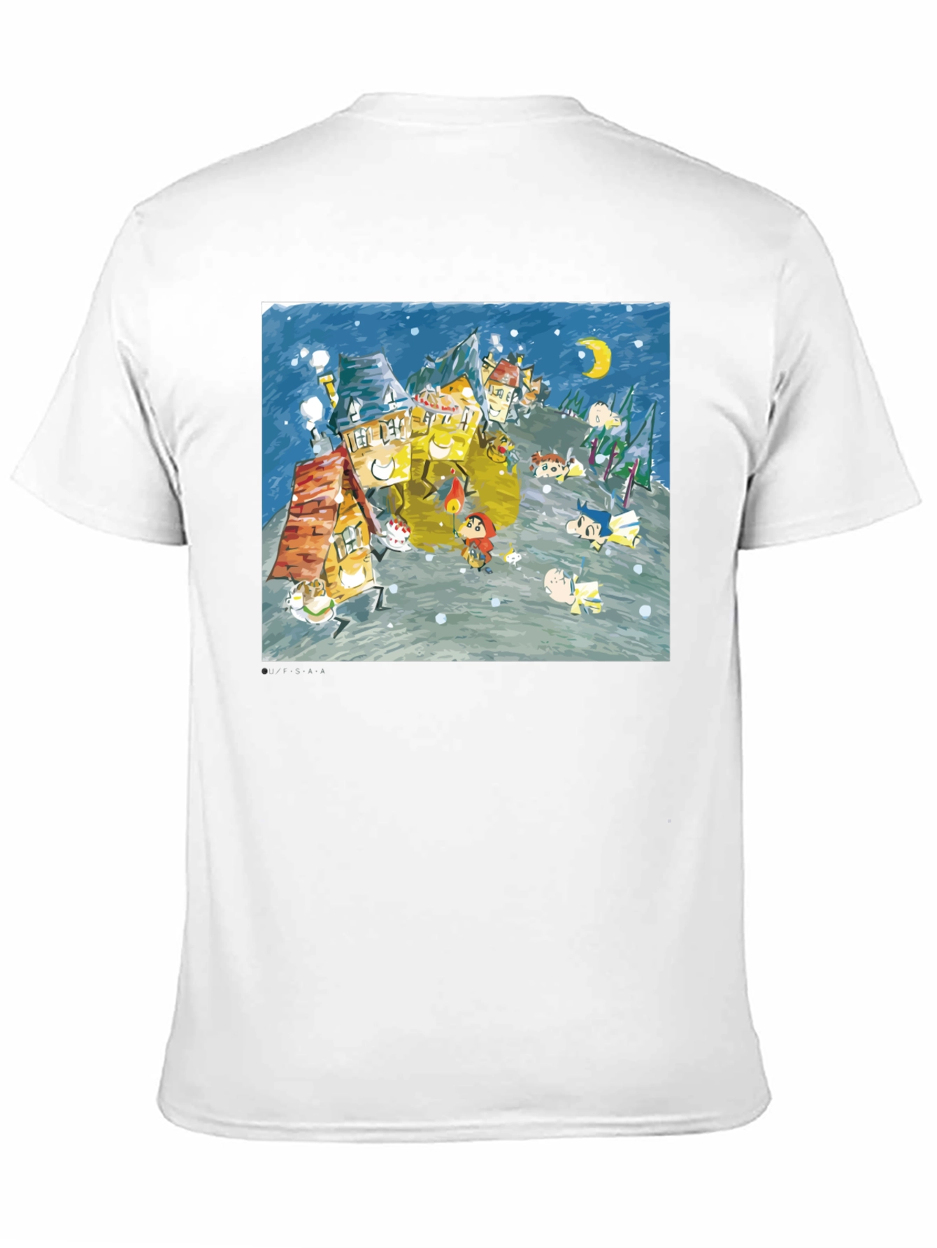 Whimsical Winter Village Graphic Tee - Black Cotton Blend