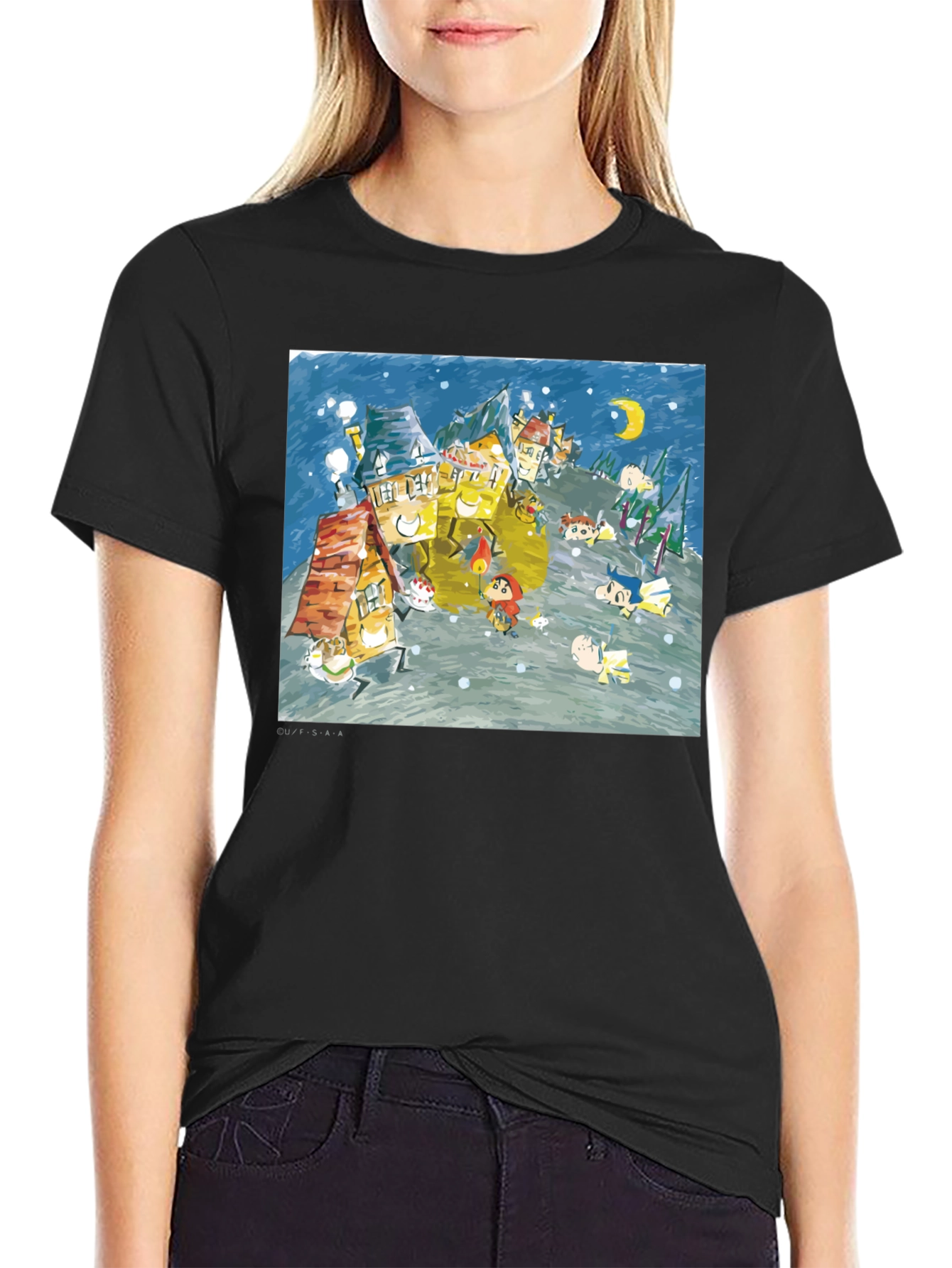 Whimsical Winter Village Graphic Tee - Black Cotton Blend