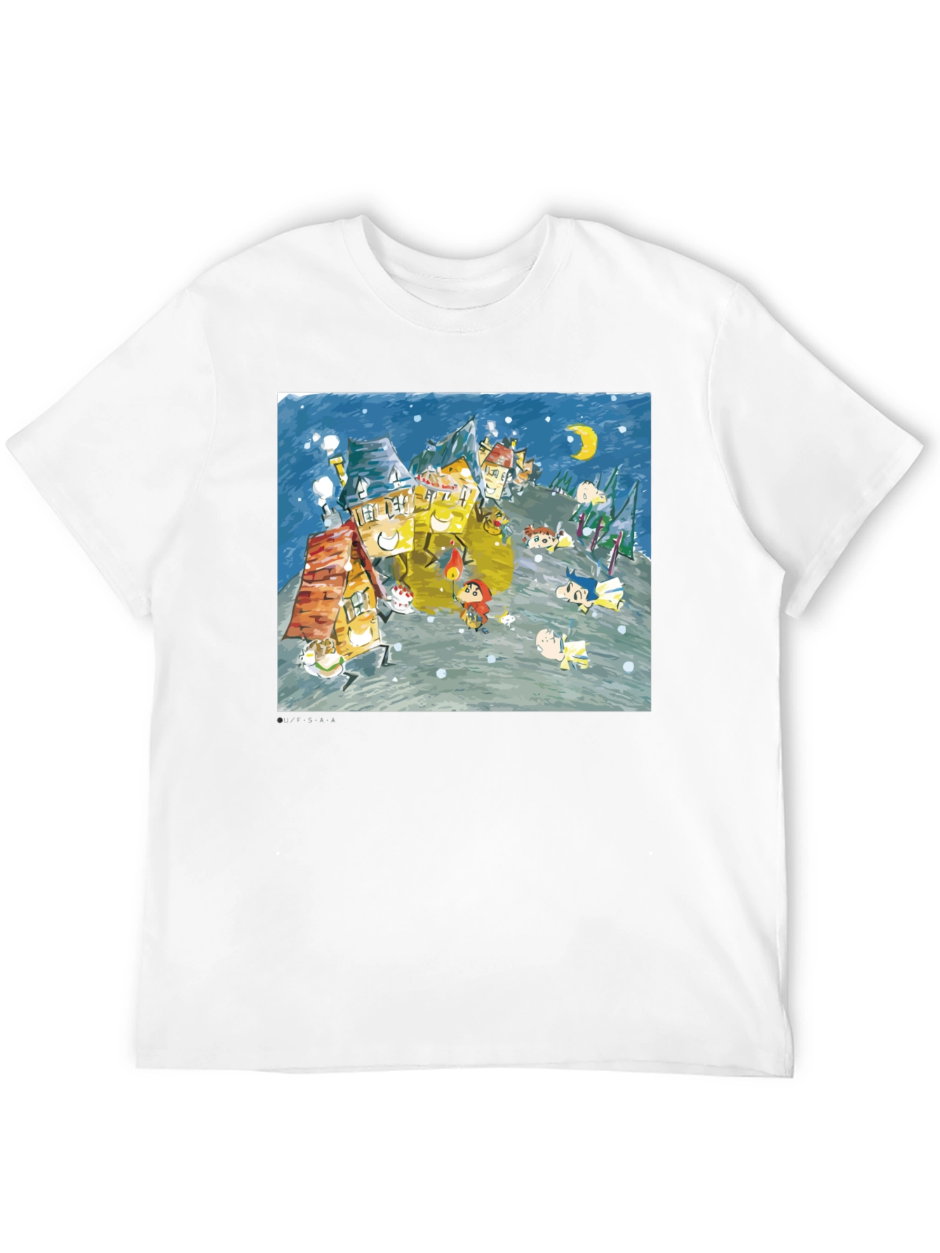 Whimsical Winter Village Graphic Tee - Black Cotton Blend