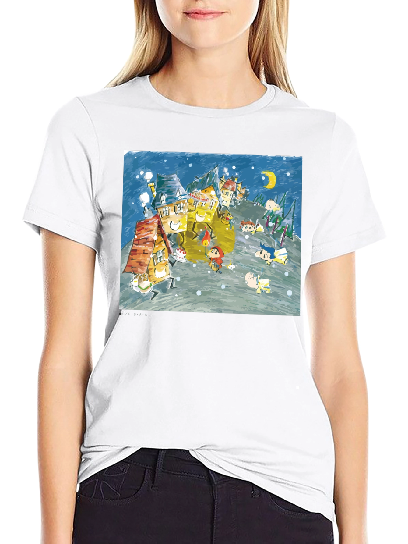 Whimsical Winter Village Graphic Tee - Black Cotton Blend