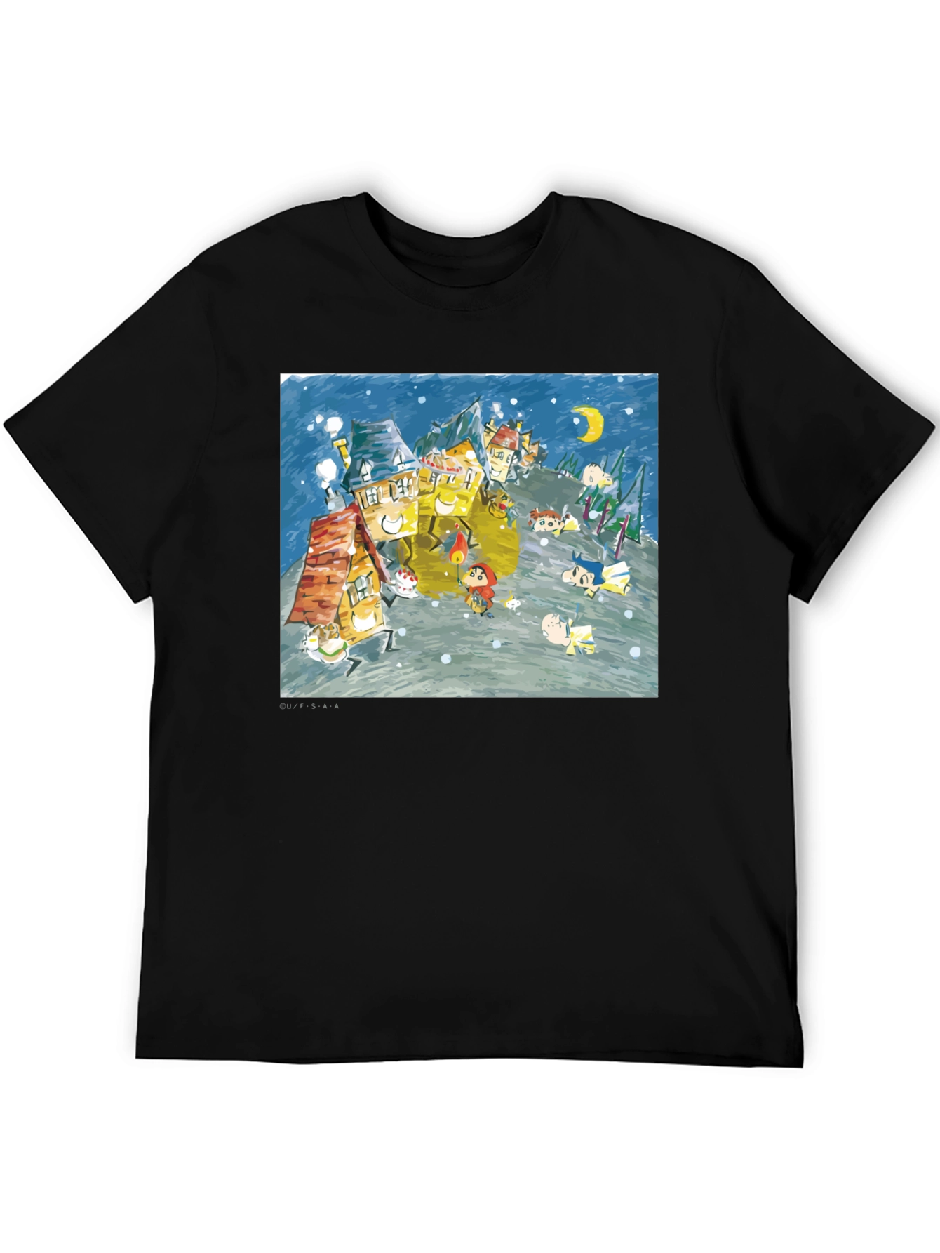Whimsical Winter Village Graphic Tee - Black Cotton Blend