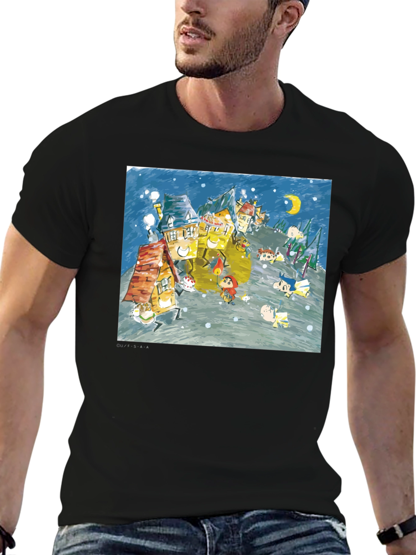 Whimsical Winter Village Graphic Tee - Black Cotton Blend