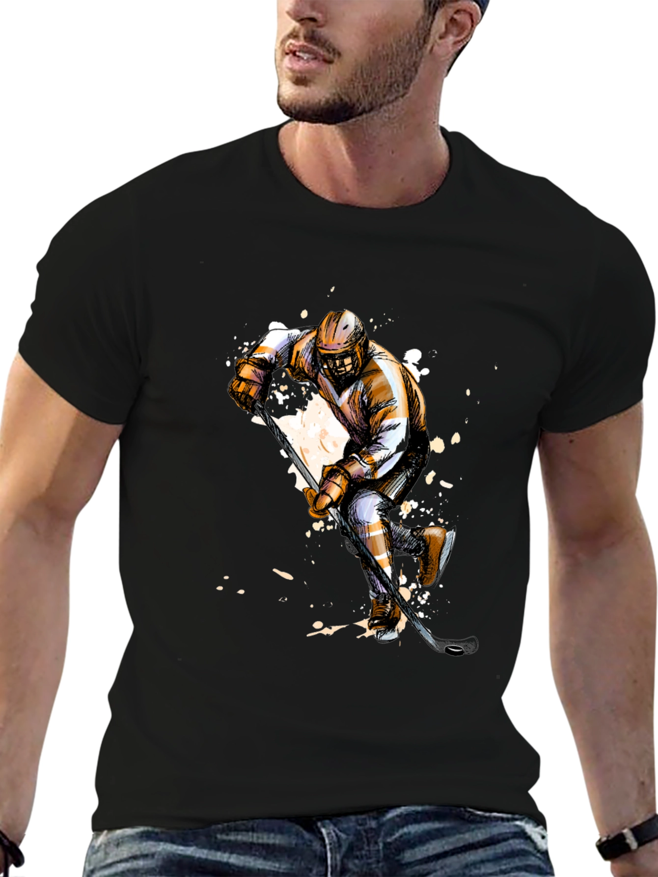 Hockey Player Graphic T-Shirt - Black