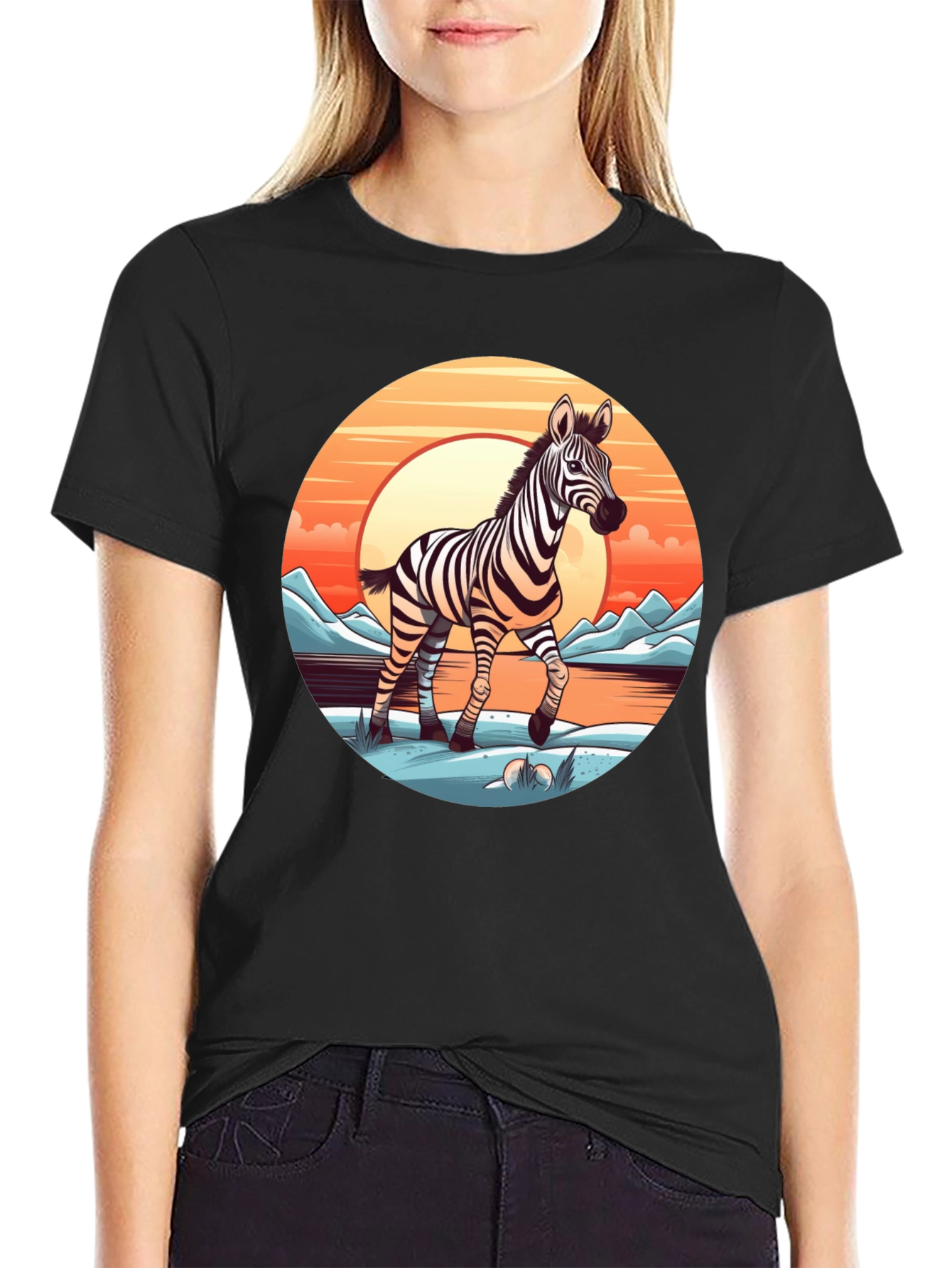 Zebra Sunset Graphic Tee - Black Cotton Comfort