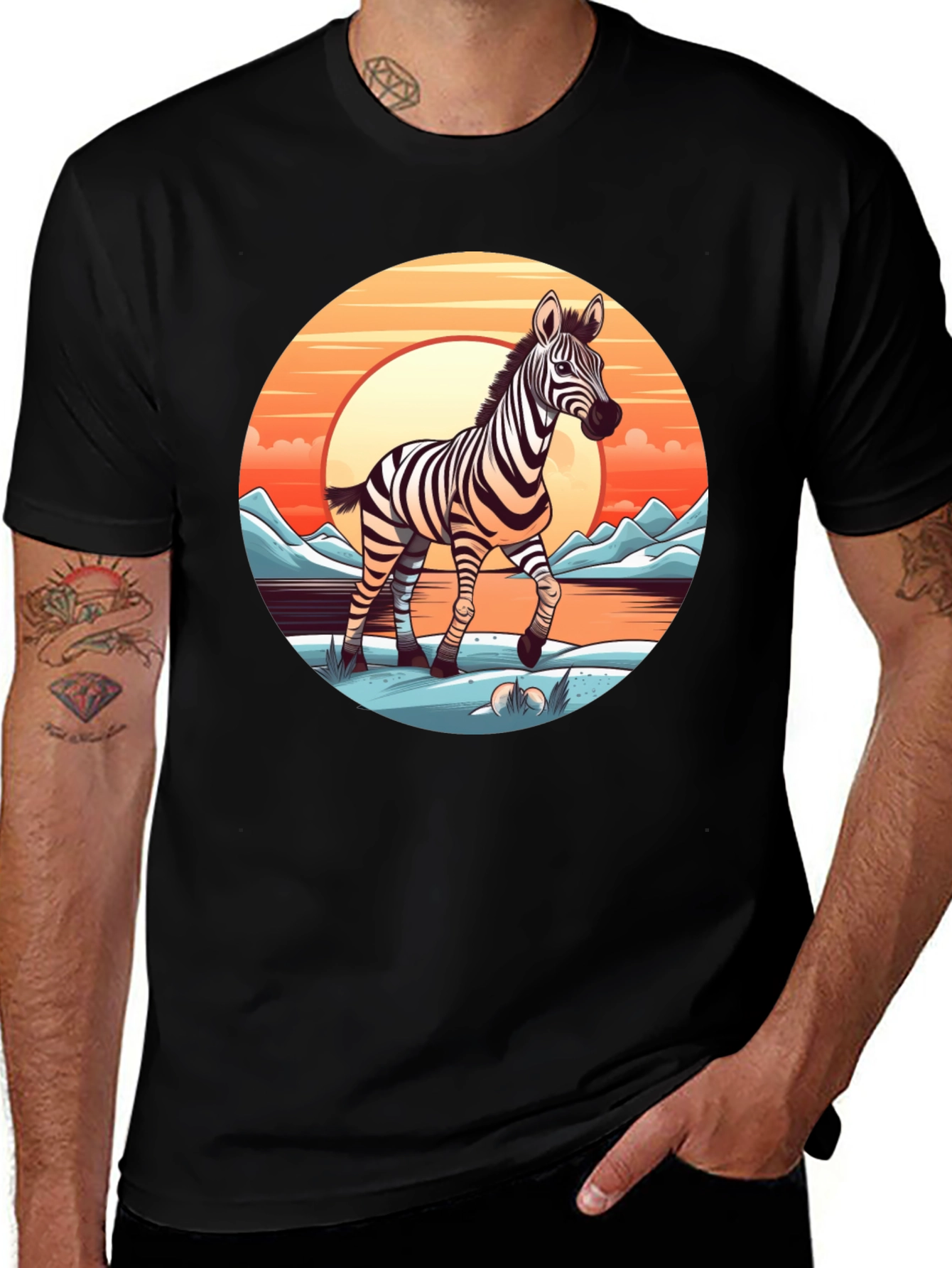 Zebra Sunset Graphic Tee - Black Cotton Comfort