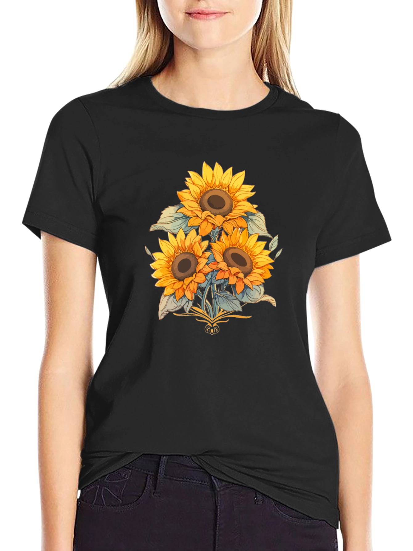 Sunflower Graphic Print Black T-Shirt