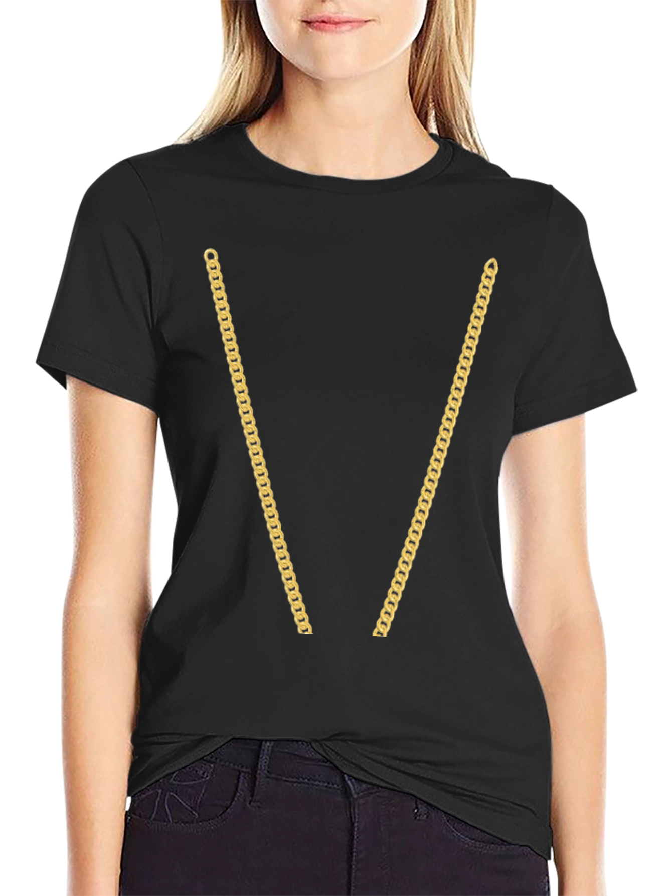Gold Chain Print Black T-Shirt