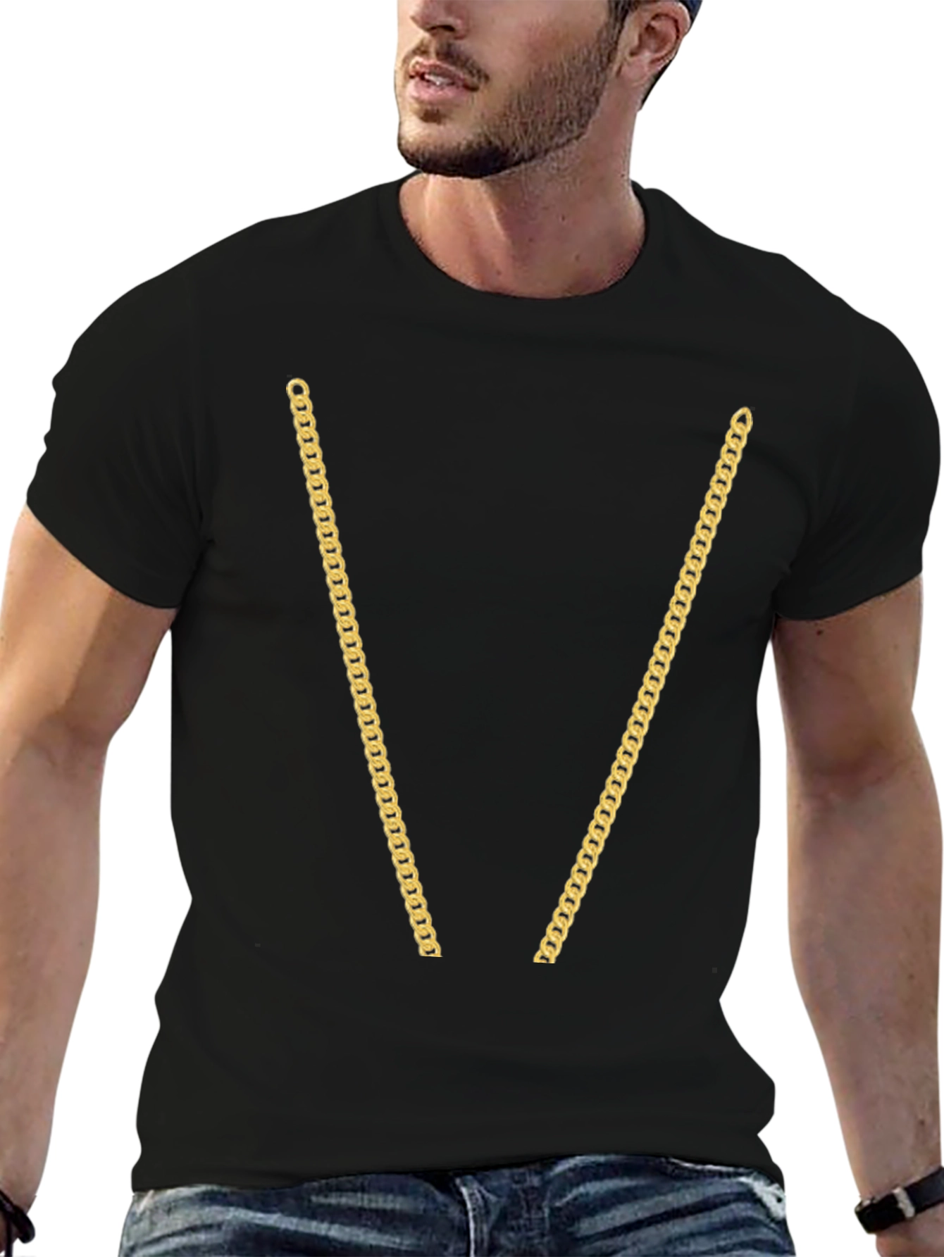 Gold Chain Print Black T-Shirt